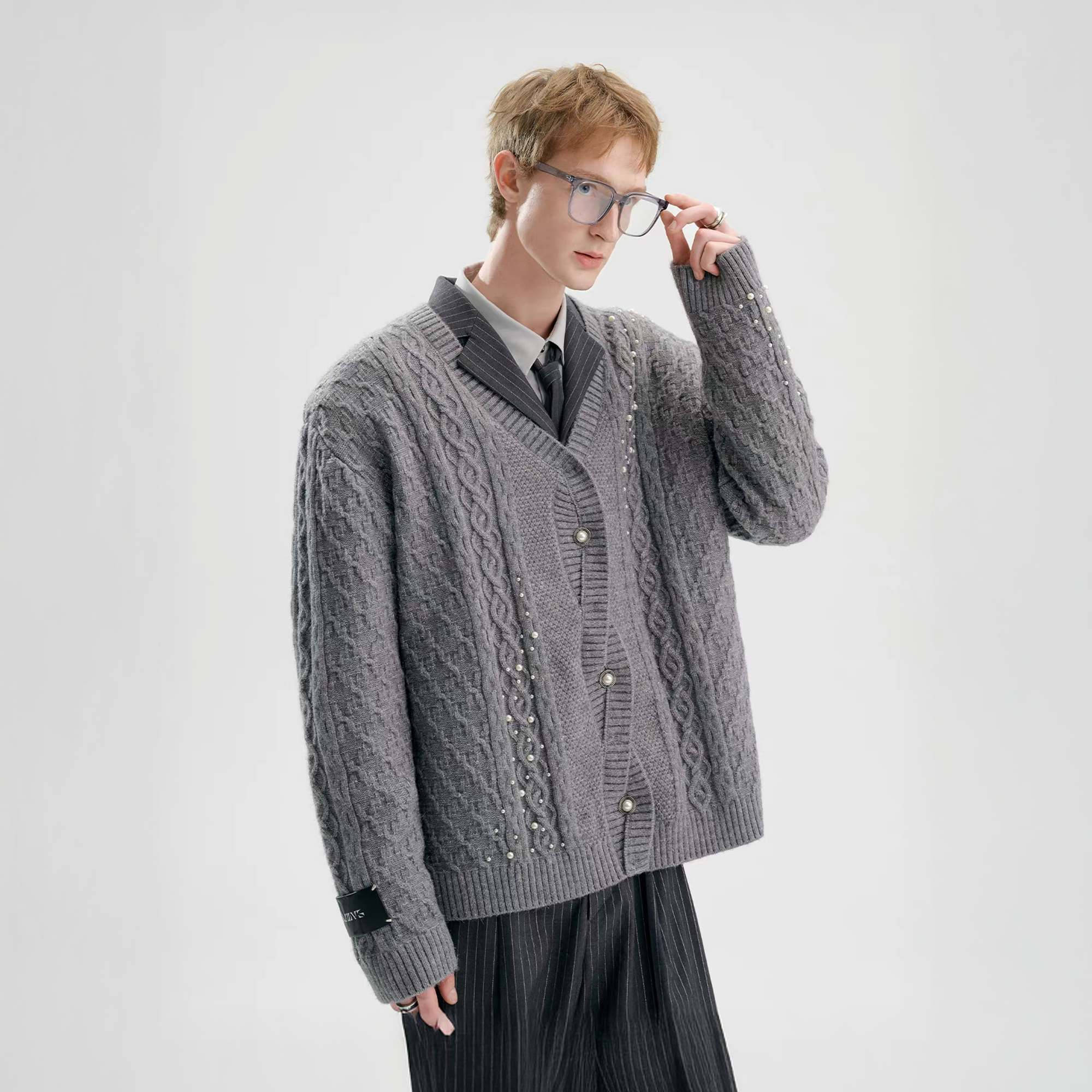 TIWILLTANG Pearl-Embellished Cable Knit Cardigan