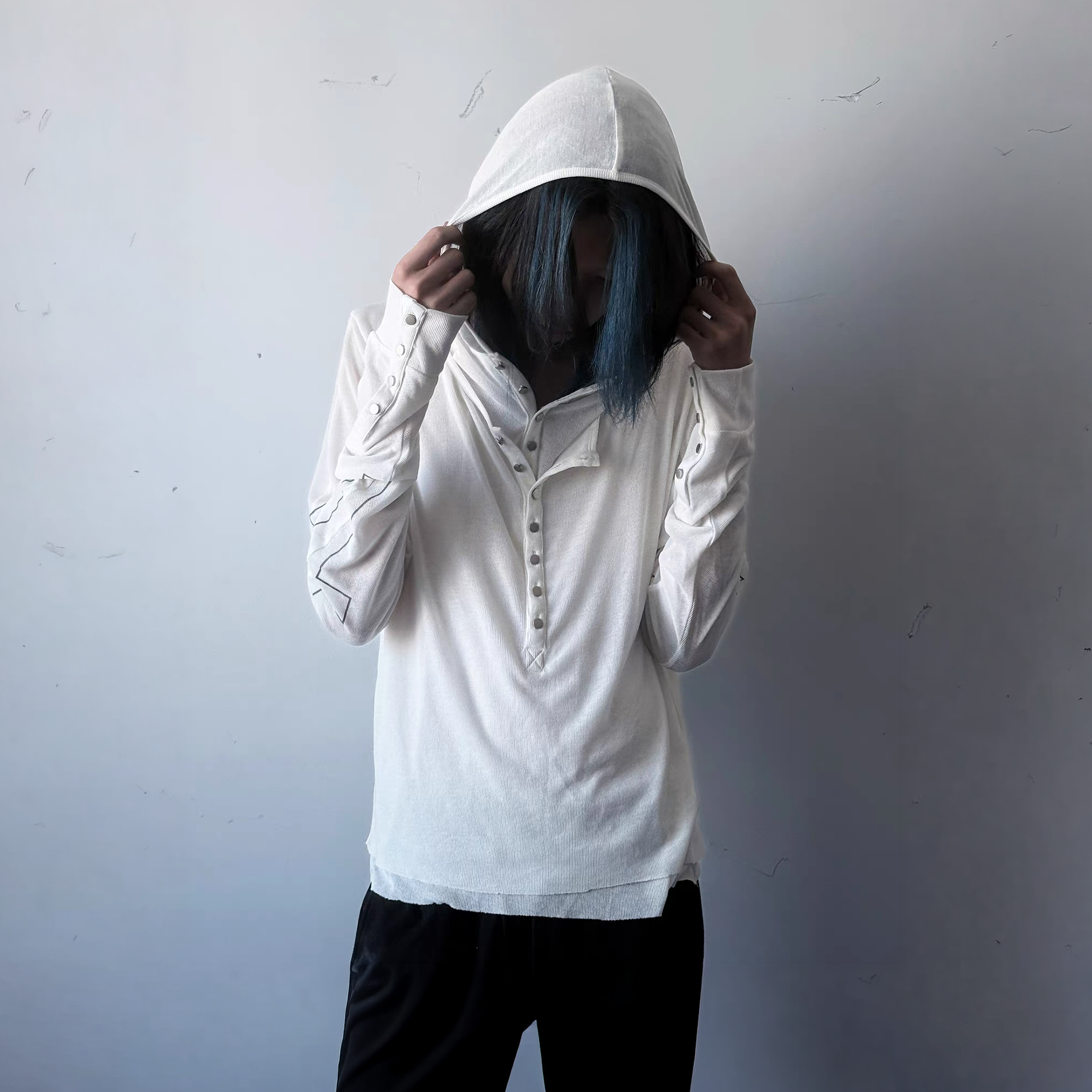 PAIKI Cross Layered Slim Hooded Long Sleeve Tee-L/S Tee-S-White-Free Shipping Leatheretro