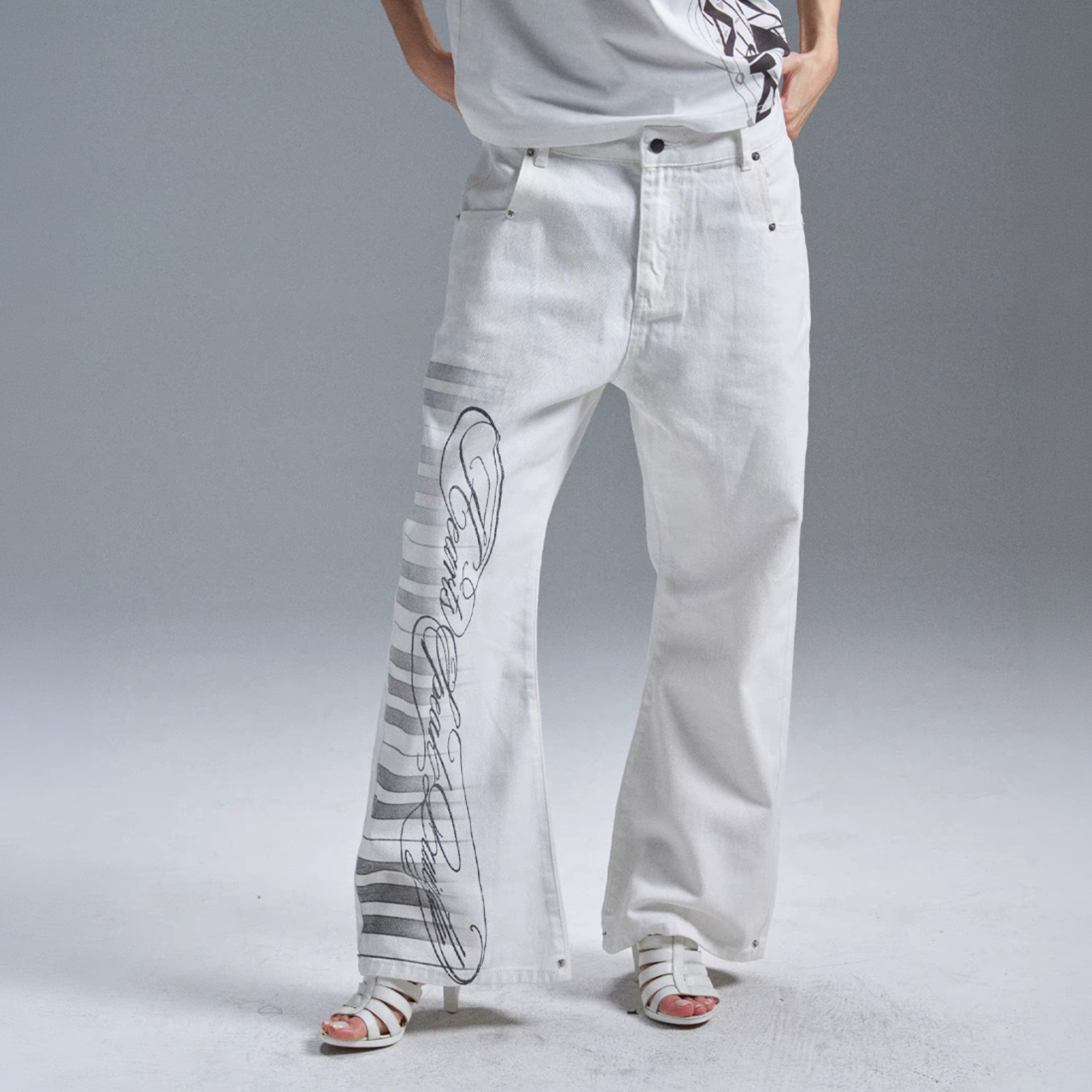 PAIKI Piano Key Script Foil Flared Jeans-Jeans-S / 31"-White (Preorder)-Free Shipping Leatheretro