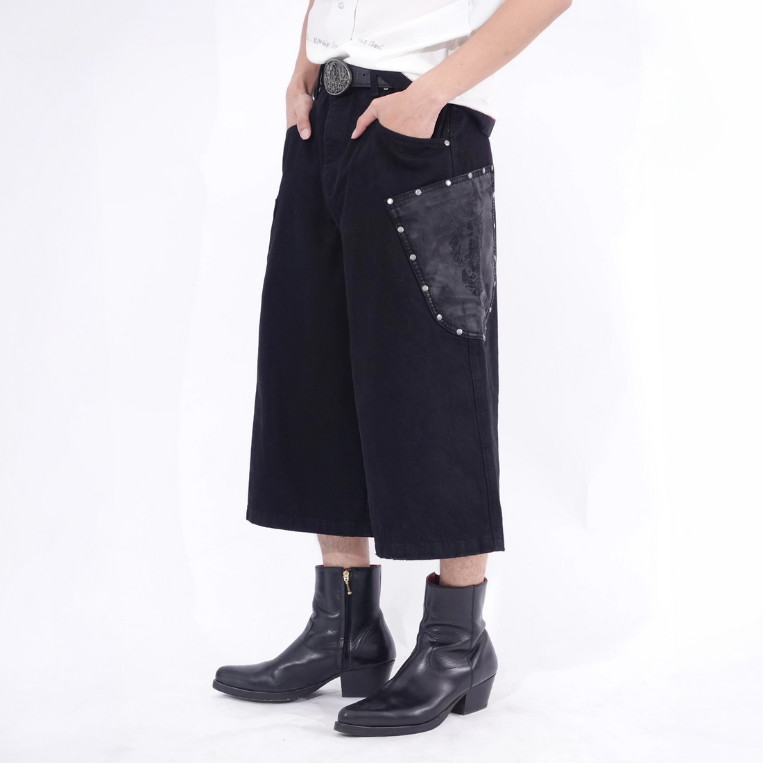 IN EXISTENCE Washed Rivet-Trim Patch Denim Shorts-Shorts-S (1)-Free Shipping Leatheretro