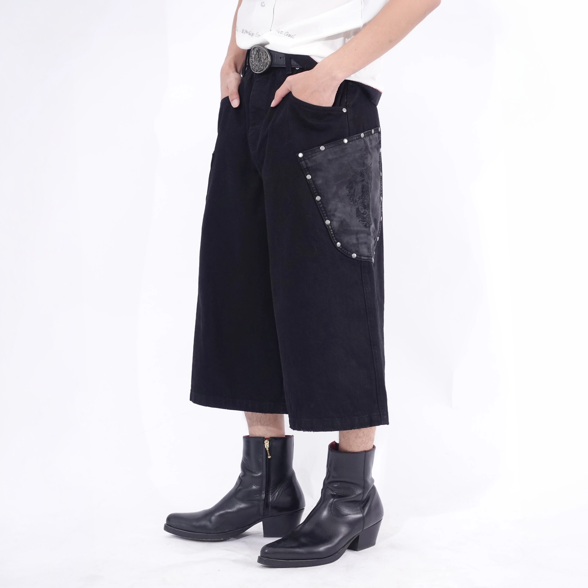 IN EXISTENCE Washed Rivet-Trim Patch Denim Shorts-Shorts-S (1)-Free Shipping Leatheretro