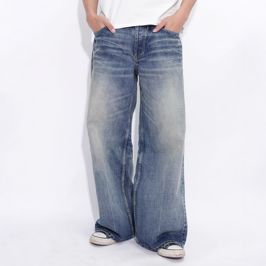 IN EXISTENCE x i Washed Lightning Fade Wide-Leg Jeans Blue-Jeans-XS (0) (Preorder)-Free Shipping Leatheretro