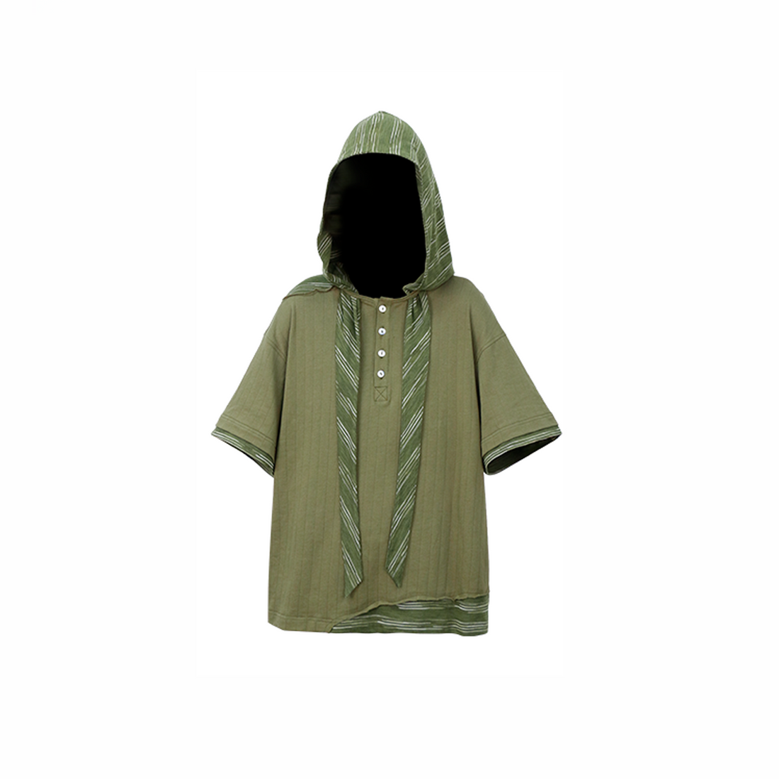 RELABEL Detachable Hood Distressed Henley Tee-T Shirt-XS-Green-Free Shipping Leatheretro