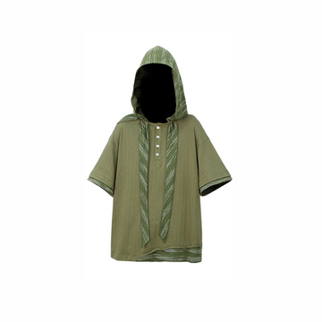 RELABEL Detachable Hood Distressed Henley Tee-T Shirt-XS-Green-Free Shipping Leatheretro