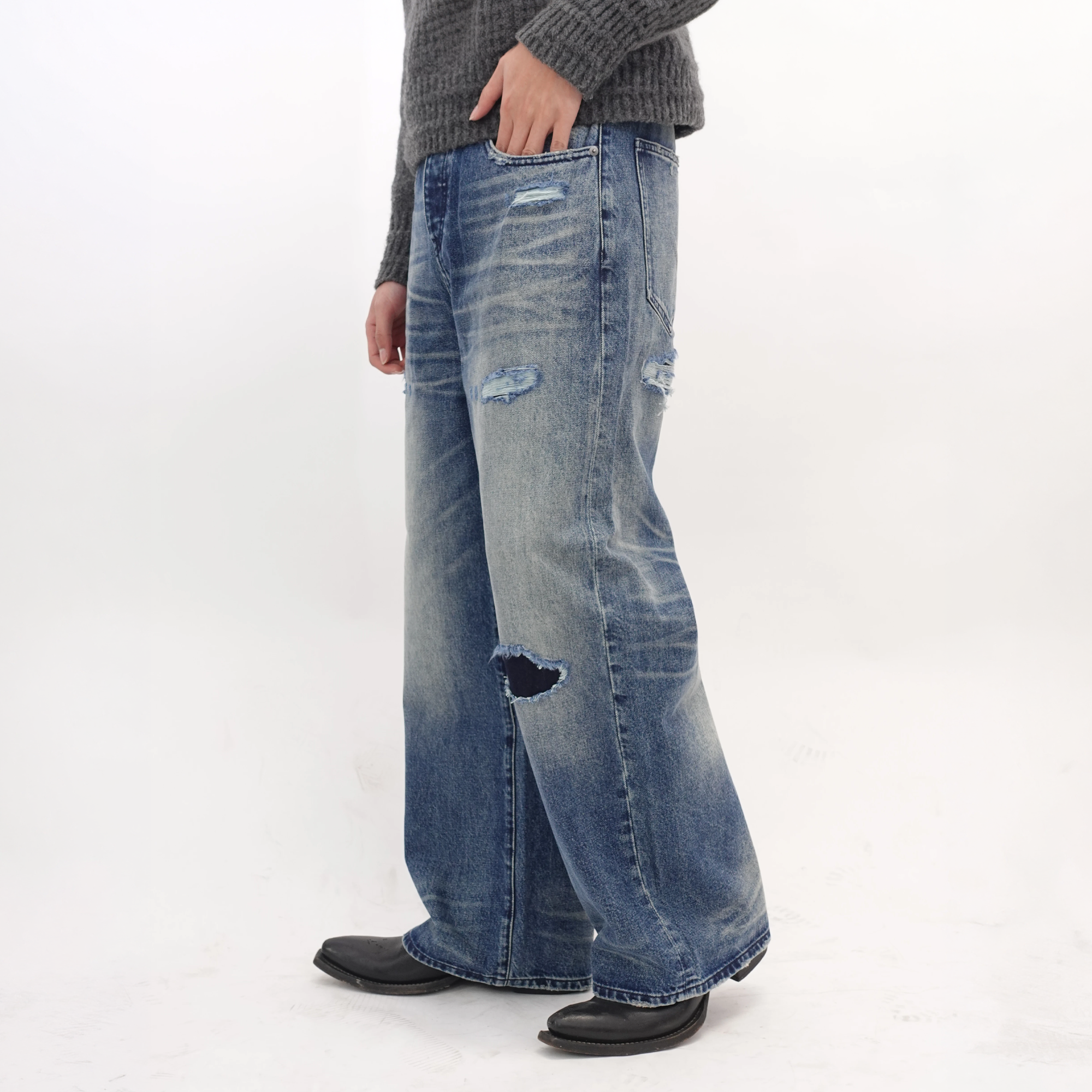 IN EXISTENCE x STM Washed Patched Distressed Straight Jeans-Jeans-S-Free Shipping Leatheretro