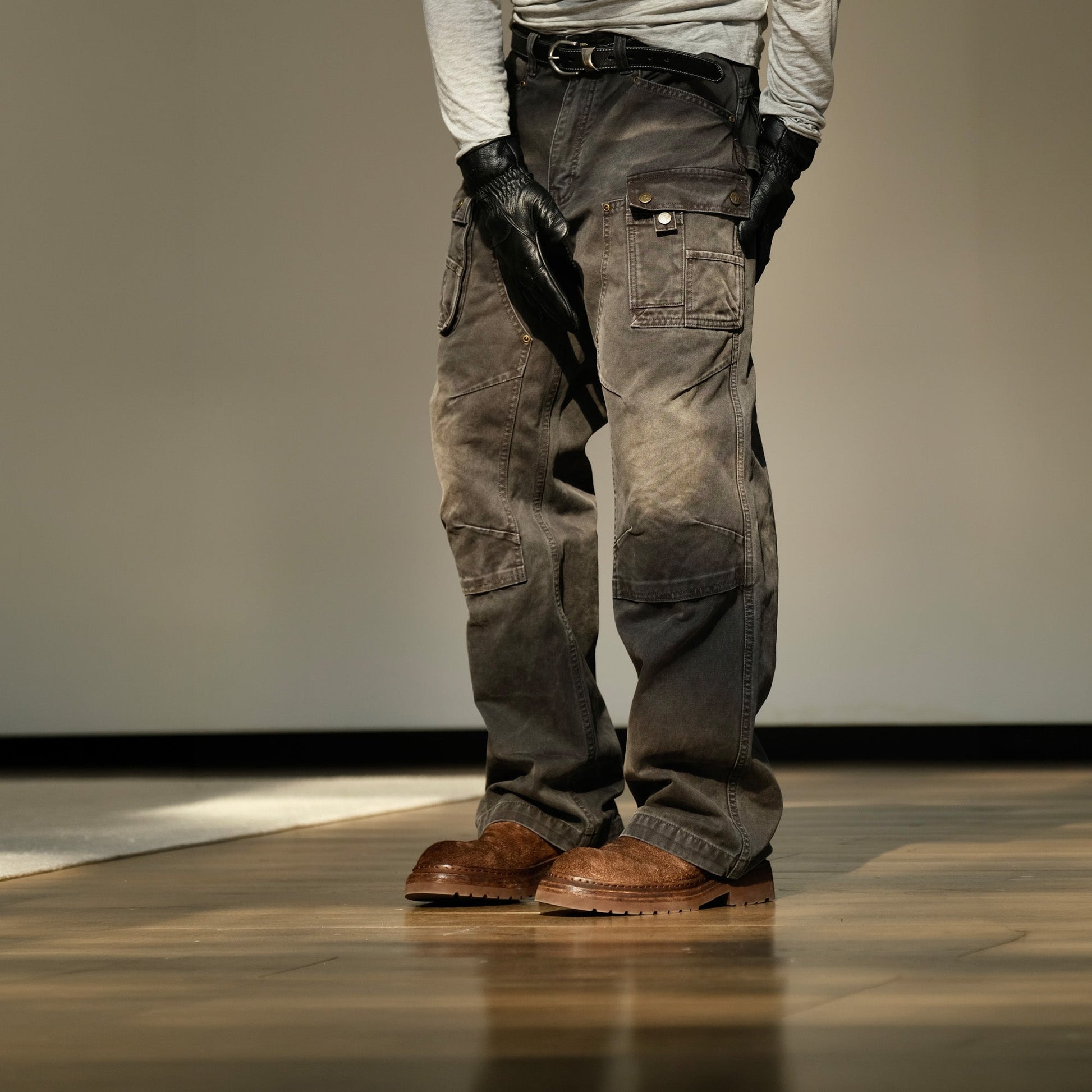 NEIGBORL Washed Multi-Pocket Straight-Leg Cargo Pants-Pants-S (Preorder)-Black-Free Shipping Leatheretro