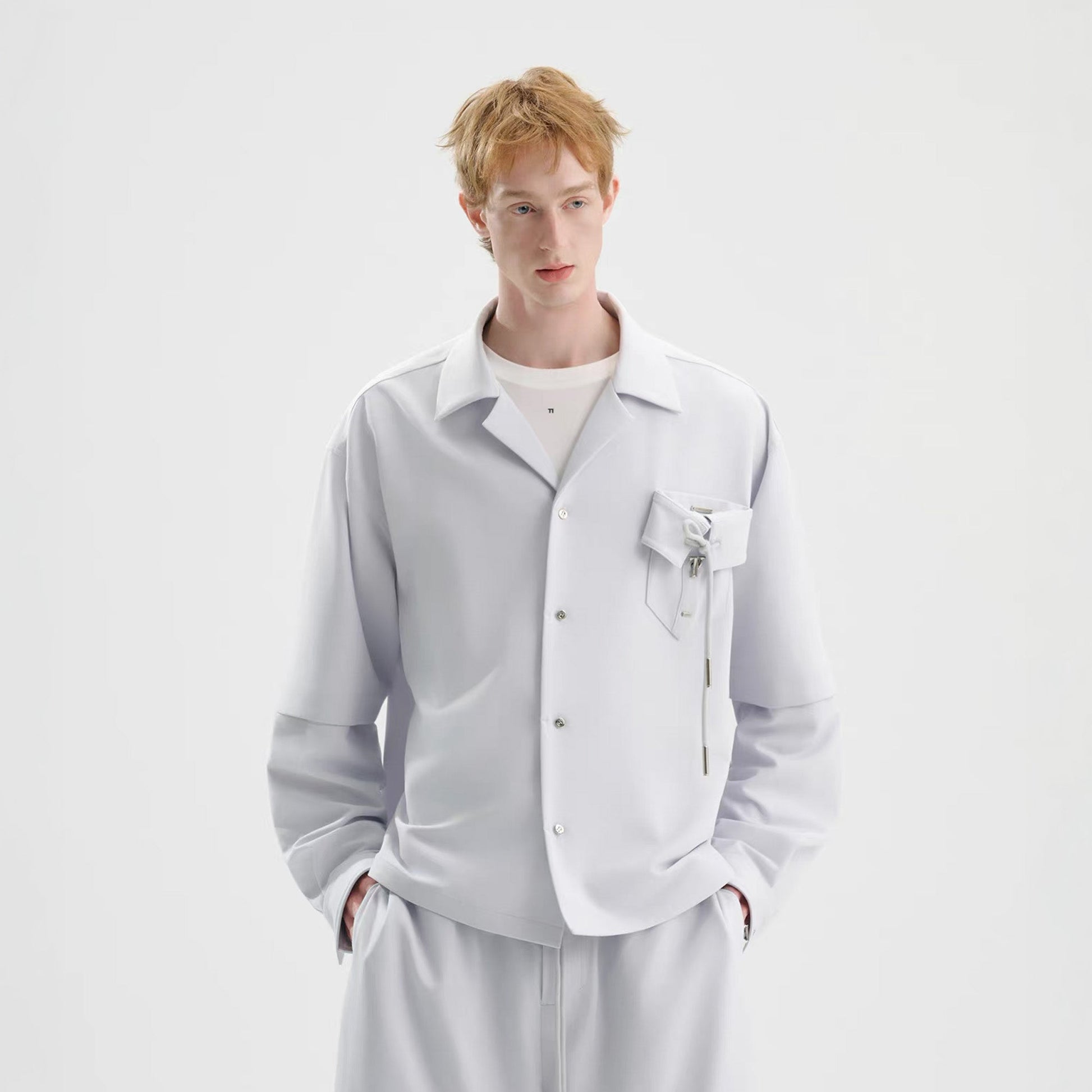TIWILLTANG Detachable-Sleeve Tie-Pocket Shirt-Jacket-S-Light Gray-Free Shipping Leatheretro