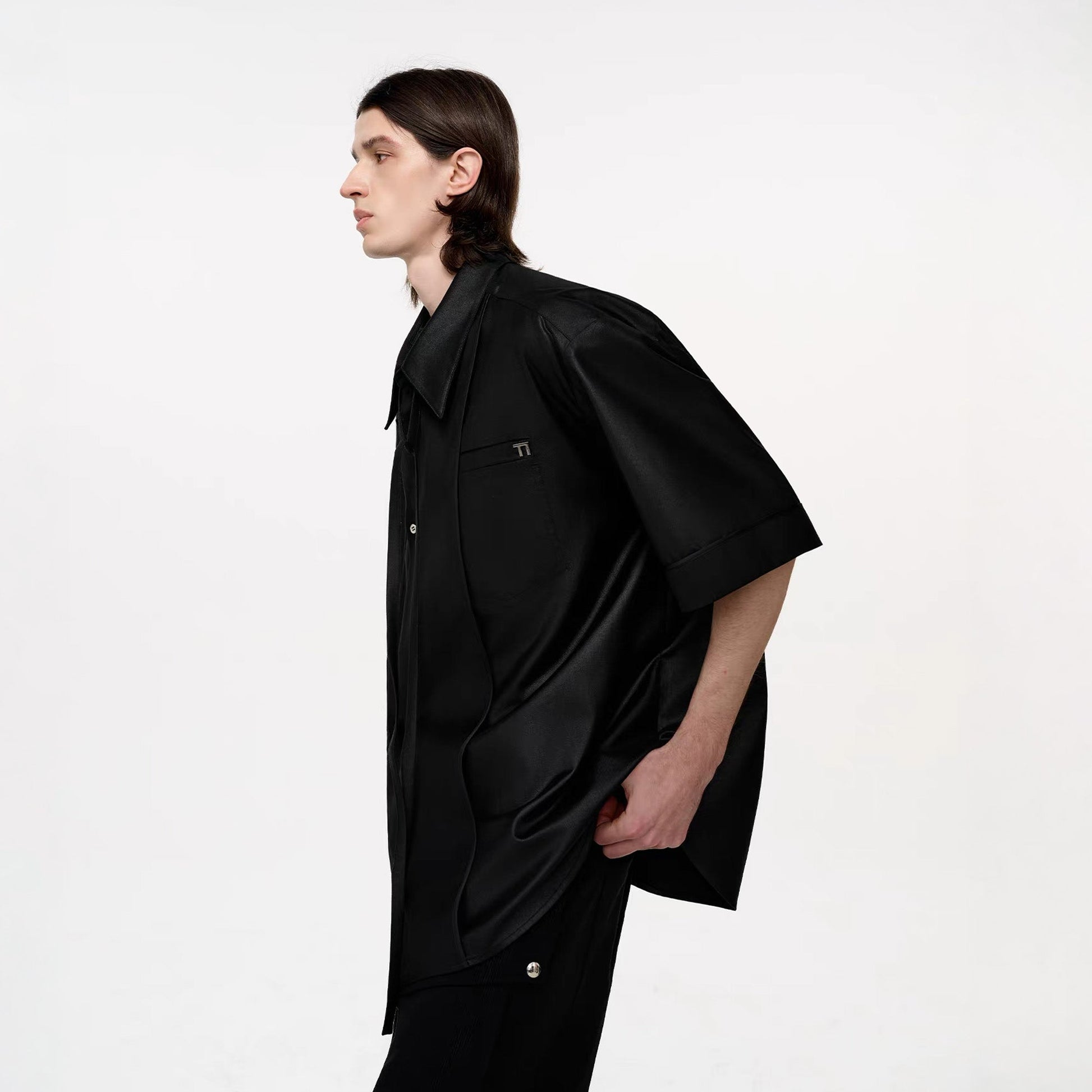 TIWILLTANG Draped Camp-Collar T Shirt-Jacket-S-Black-Free Shipping Leatheretro