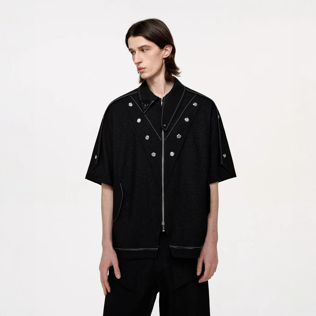 TIWILLTANG Studded Trim Zip-Up Half Shirt-T Shirt-S-Free Shipping Leatheretro