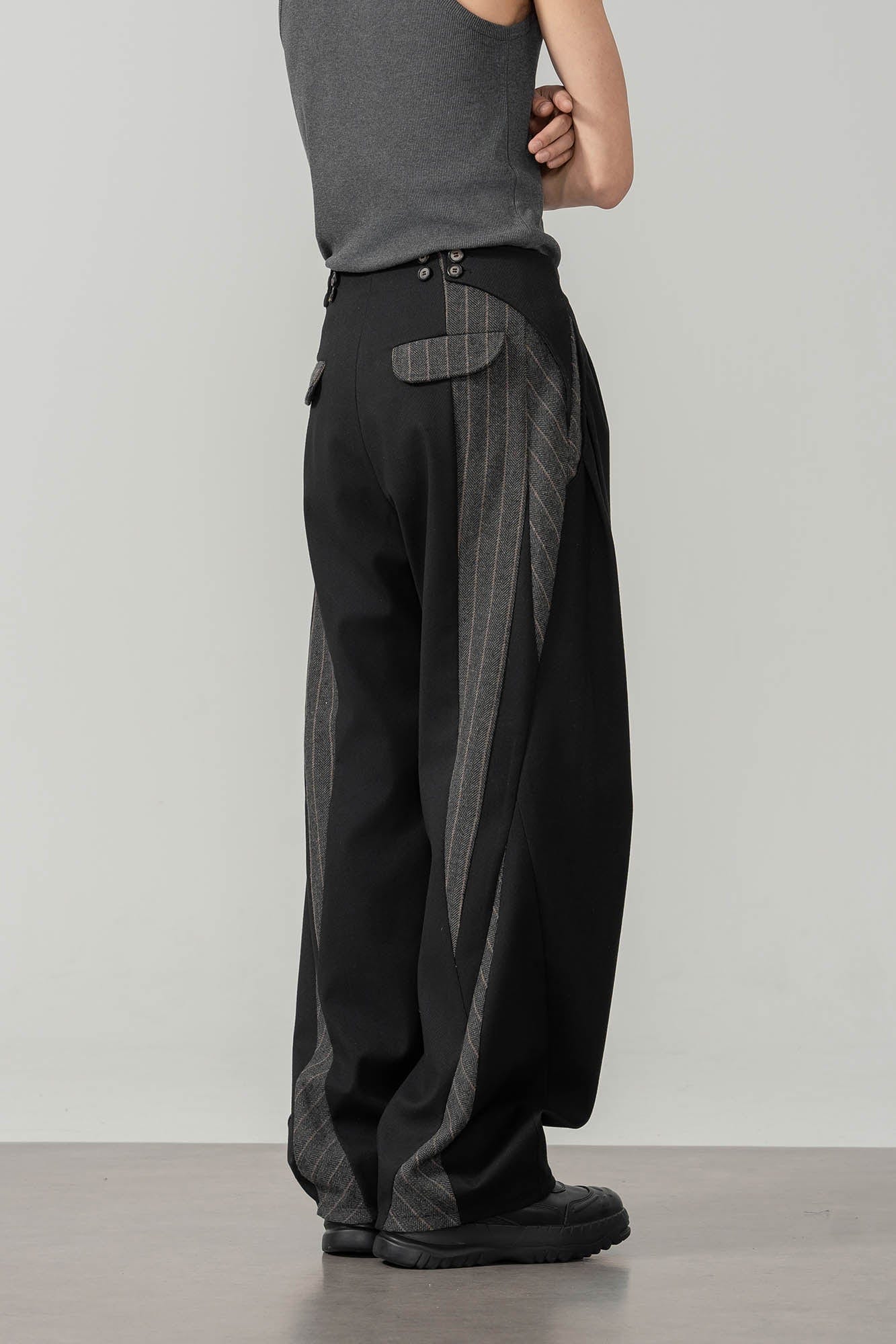 MOITIEDEPETALE Geometric Paneled Pinstripe Pleated Wide-Leg Trousers-Pants-XS-Free Shipping Leatheretro