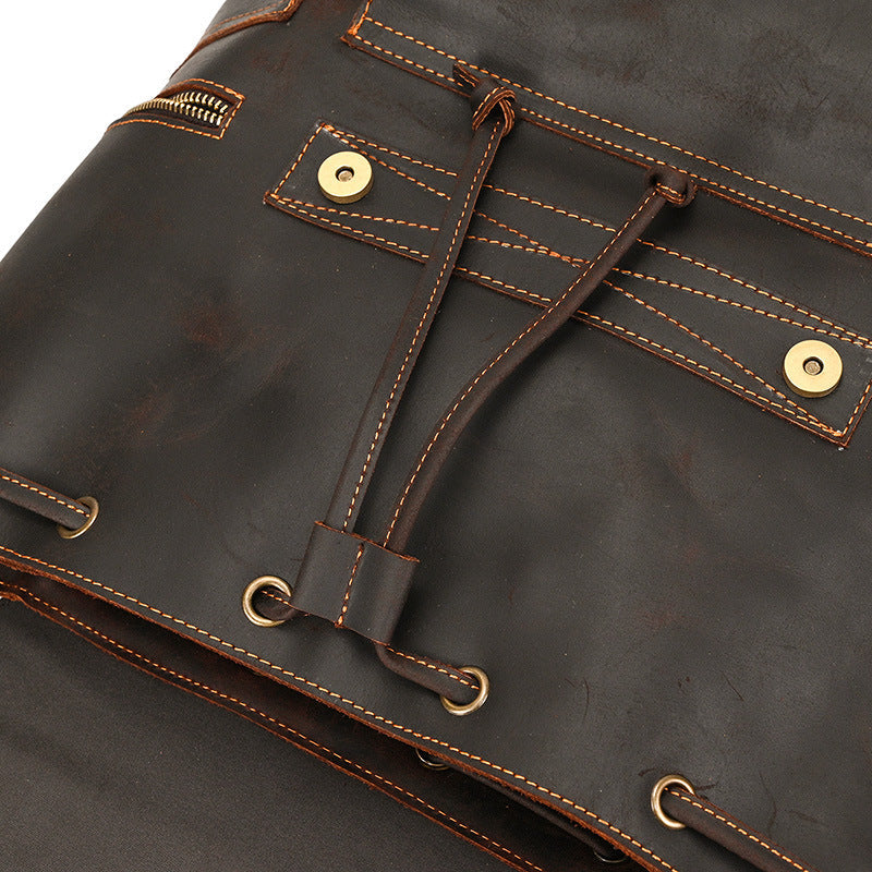 Retro Crazy Horse Leather Backpack – Large Capacity 16-Inch Cowhide Laptop & Travel Bag with Multi-Flap Pockets-Backpacks-Dark Brown-Free Shipping Leatheretro