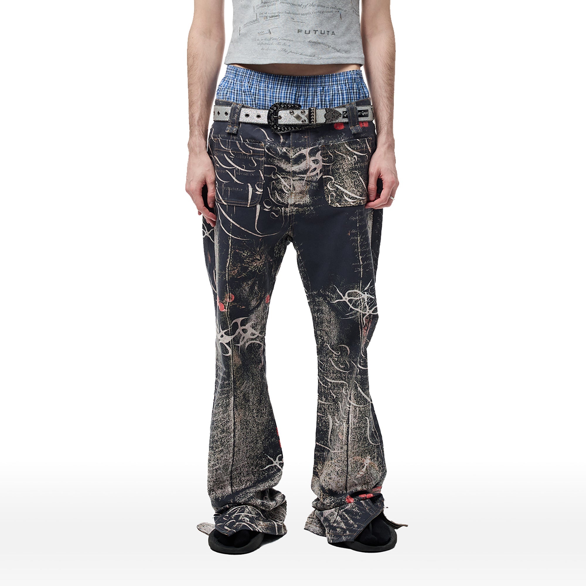 CYCYCY Full-Print Script Flared Jeans-Jeans-XXS / 27"-Free Shipping Leatheretro