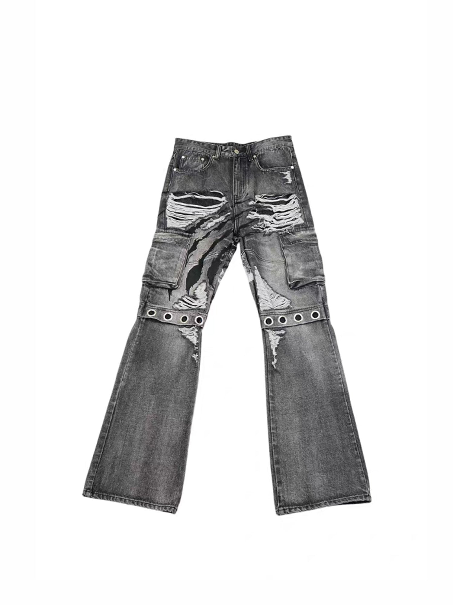 VINKID Distressed Grommet Strap Flared Jeans-Jeans-S-Free Shipping Leatheretro