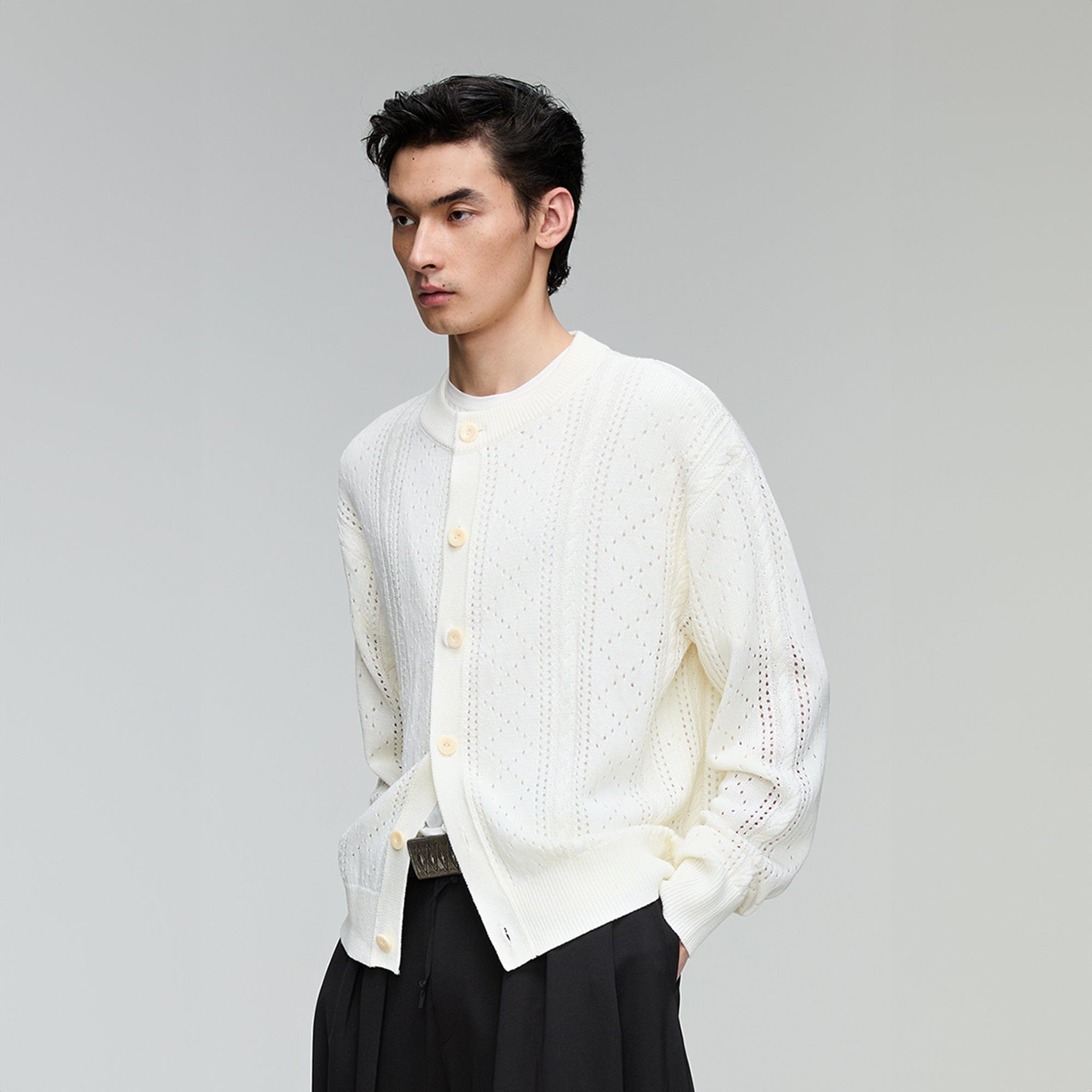 OPICLOTH Eyelet Knit Button-Up Cardigan-Jacket-XS-Grey-Free Shipping Leatheretro