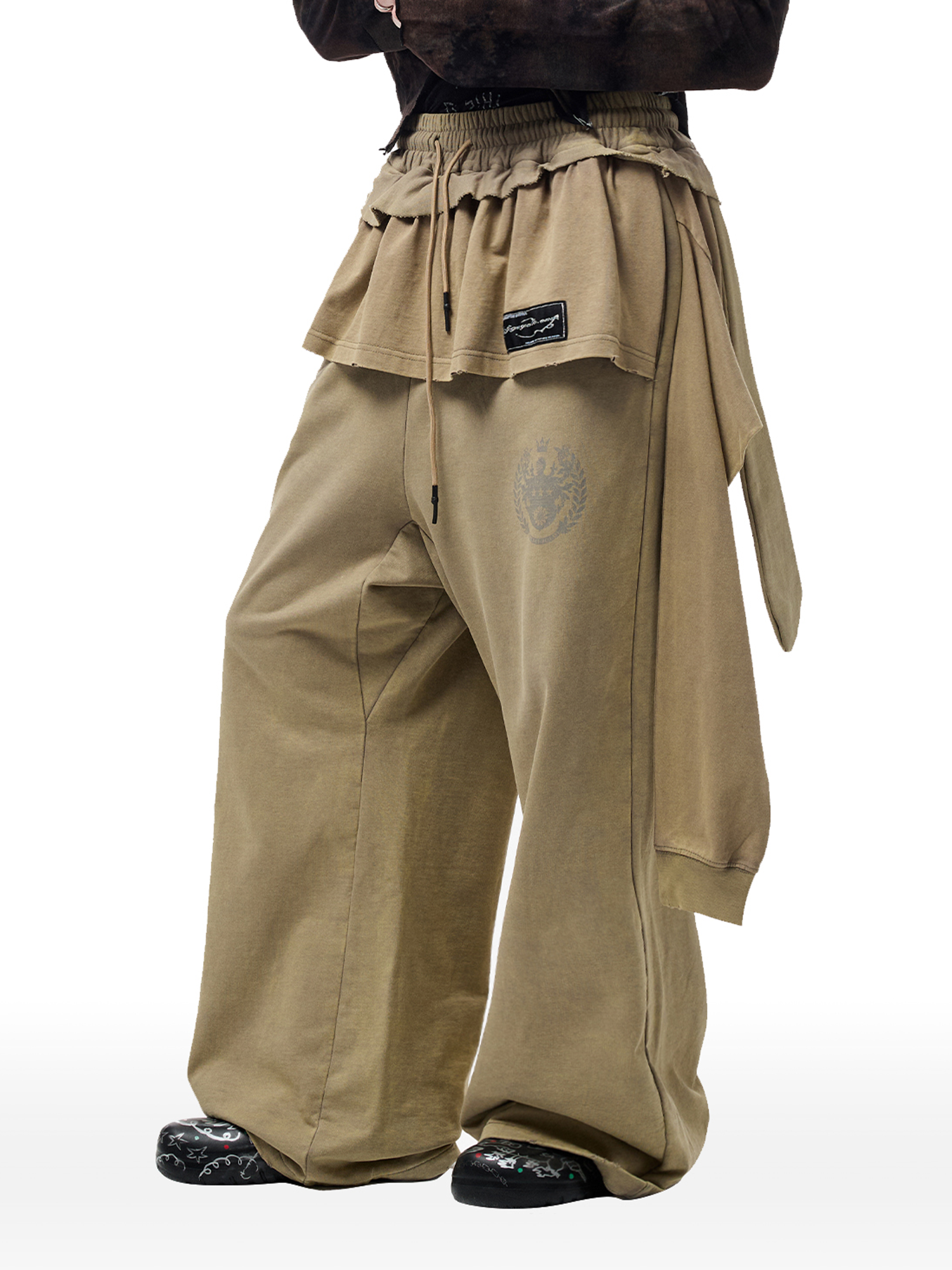 CYCYCY Layered Raw Edge Wide-Leg Sweatpants Khaki-Pants-S / 23"-Free Shipping Leatheretro
