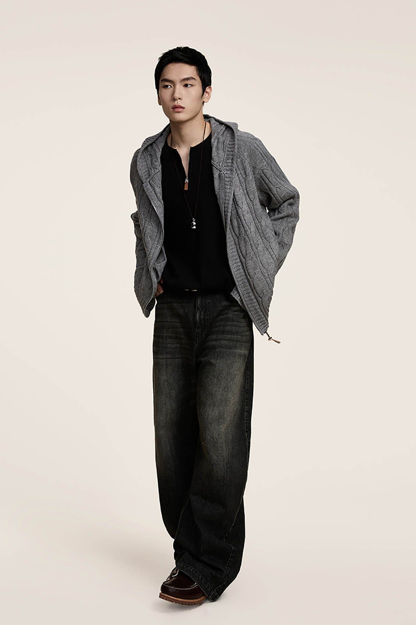 OPICLOTH Cable-Knit Zip-Up Hooded Cardigan-Jacket-XS-Grey-Free Shipping Leatheretro