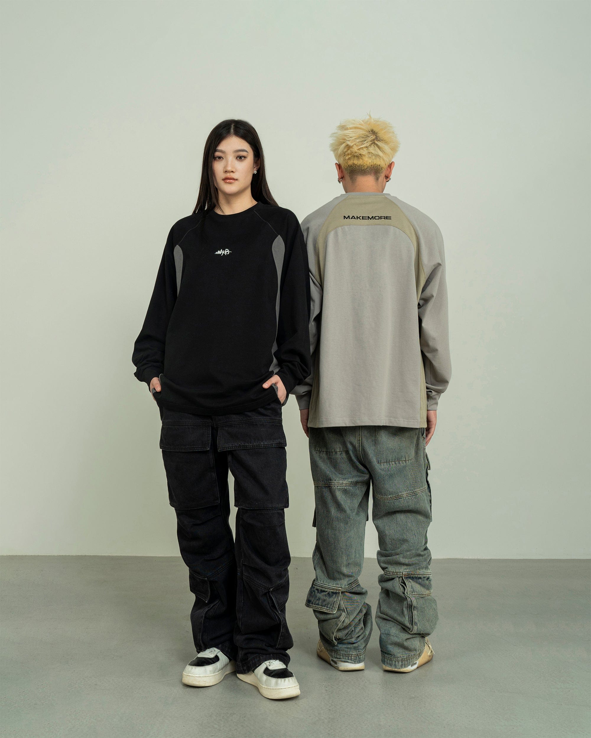 MAKEMORE Modern Deconstructed Embroidered Long-Sleeve Tee-L/S Tee-S-Gray-Free Shipping Leatheretro