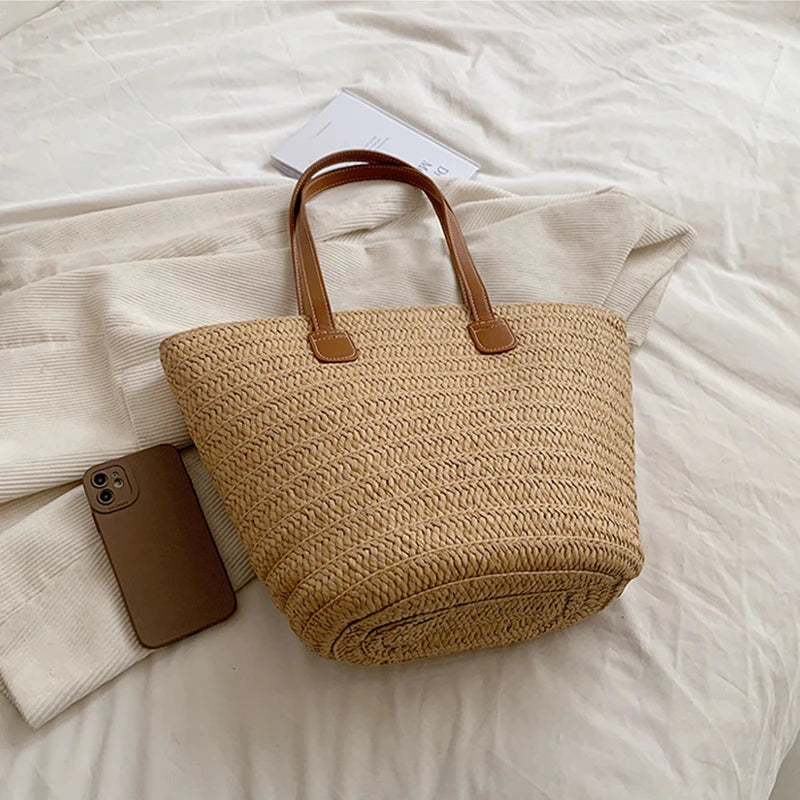 Luxury Designer Straw Tote Bag for Women-Tote Bag-Beige-Free Shipping Leatheretro