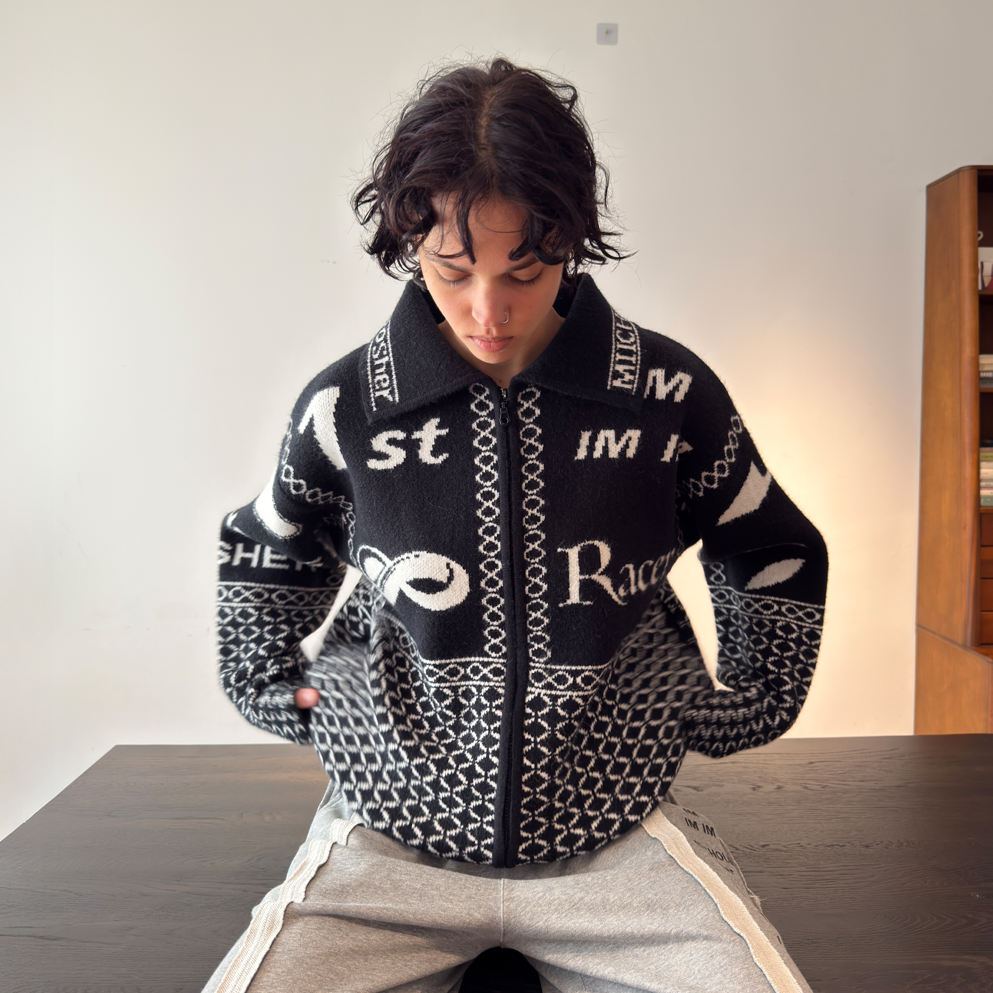 MIICHOUS Racer Geometric Jacquard Zip-Up Cardigan-Sweater-S-Black-Free Shipping Leatheretro