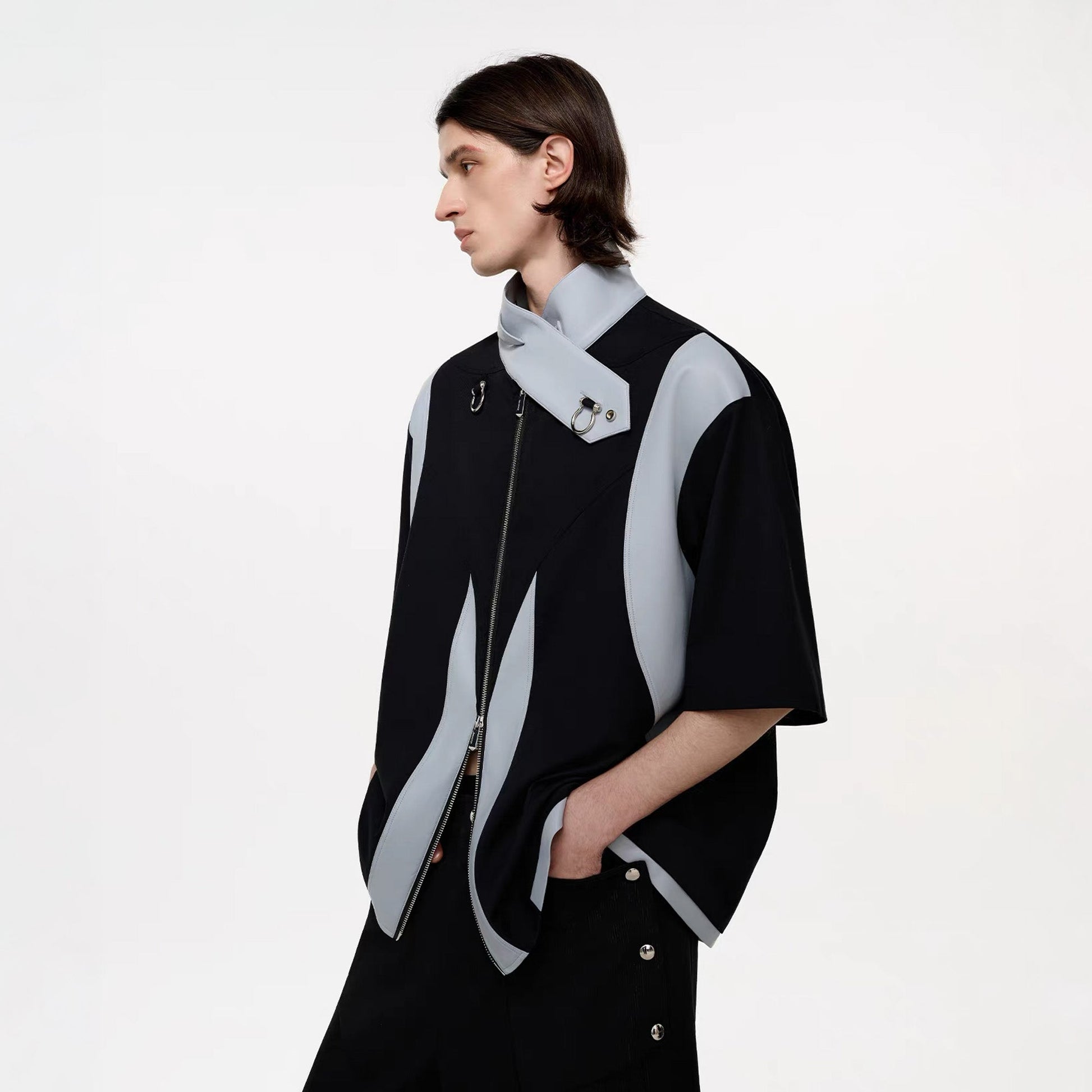TIWILLTANG Layered-Collar Contrast-Panel Zip-Up Half Shirt-Shorts-S-Free Shipping Leatheretro