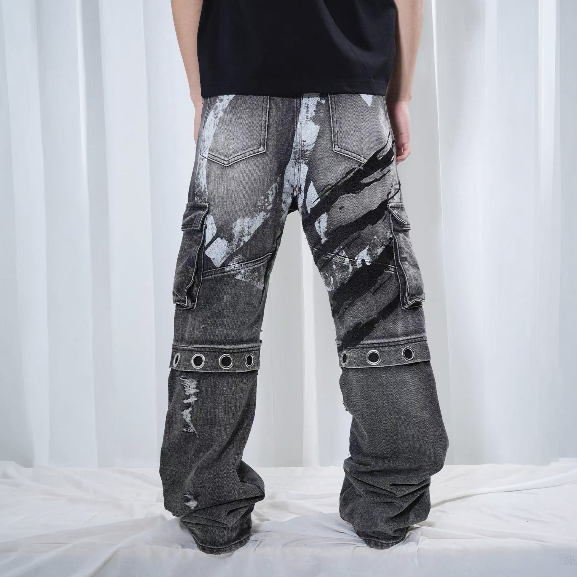 VINKID Distressed Grommet Strap Flared Jeans-Jeans-S-Free Shipping Leatheretro