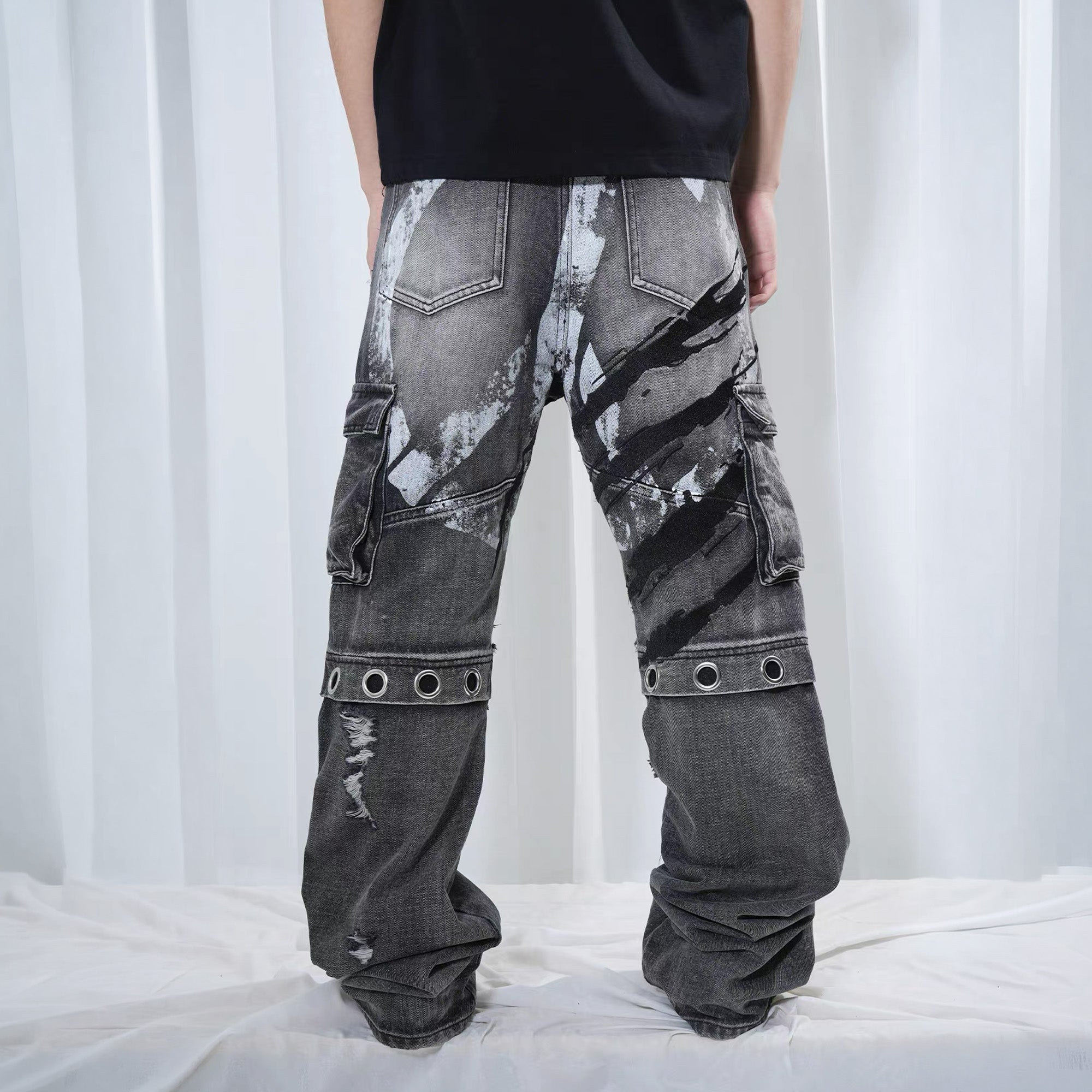 VINKID Distressed Grommet Strap Flared Jeans-Jeans-S-Free Shipping Leatheretro