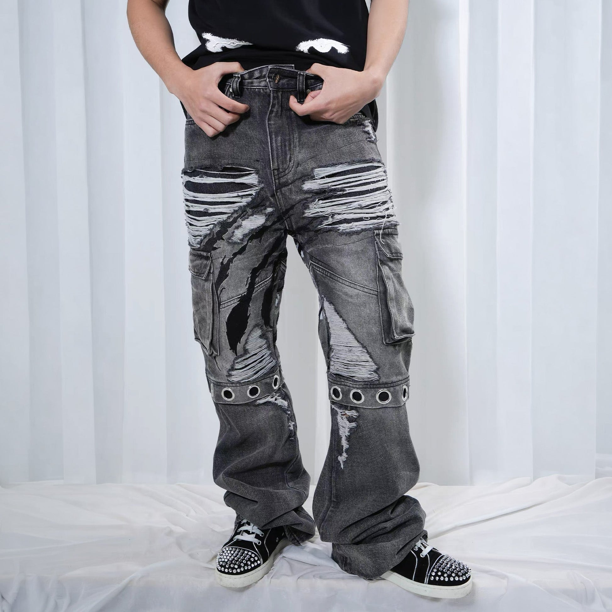 VINKID Distressed Grommet Strap Flared Jeans-Jeans-S-Free Shipping Leatheretro