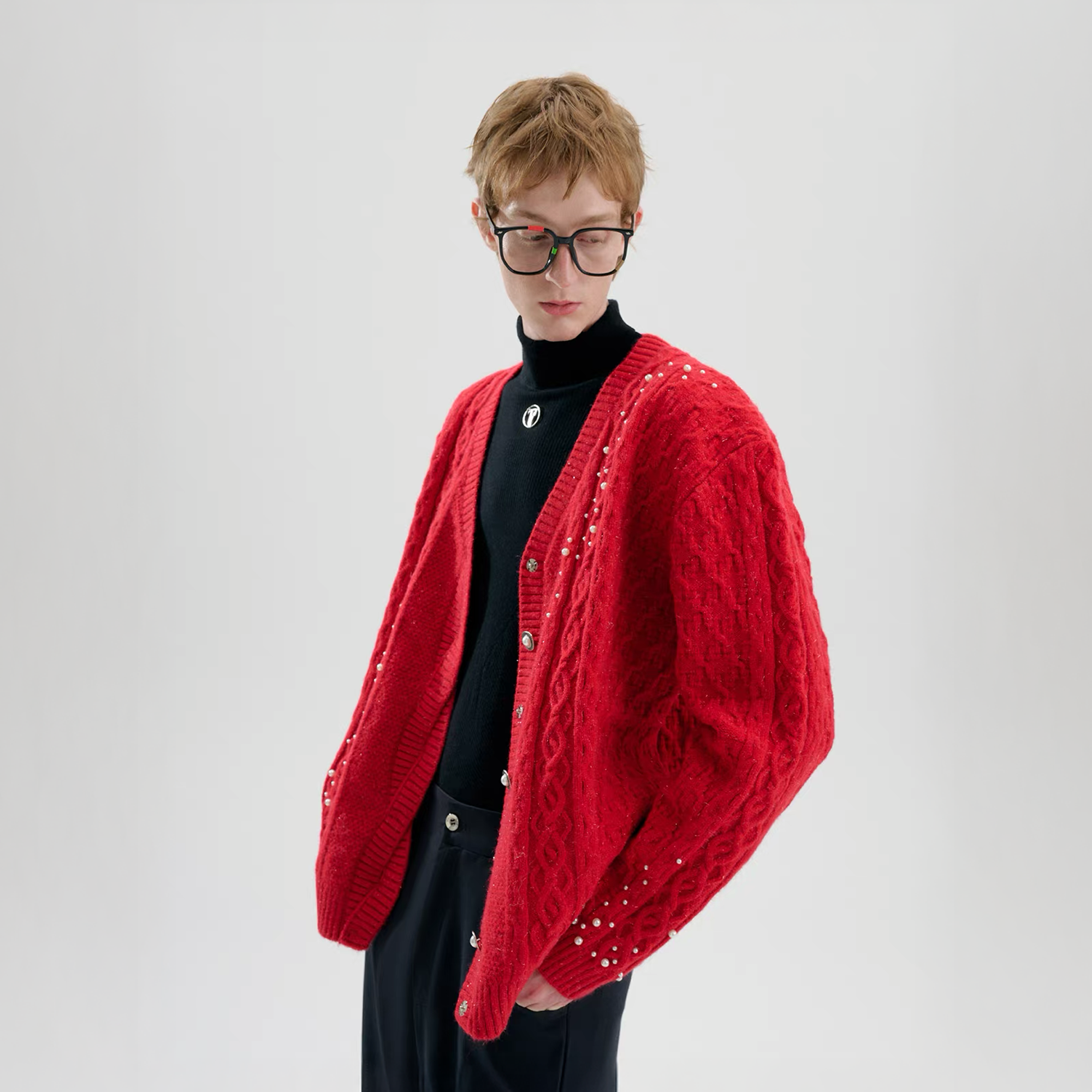 TIWILLTANG Pearl-Embellished Cable Knit Cardigan