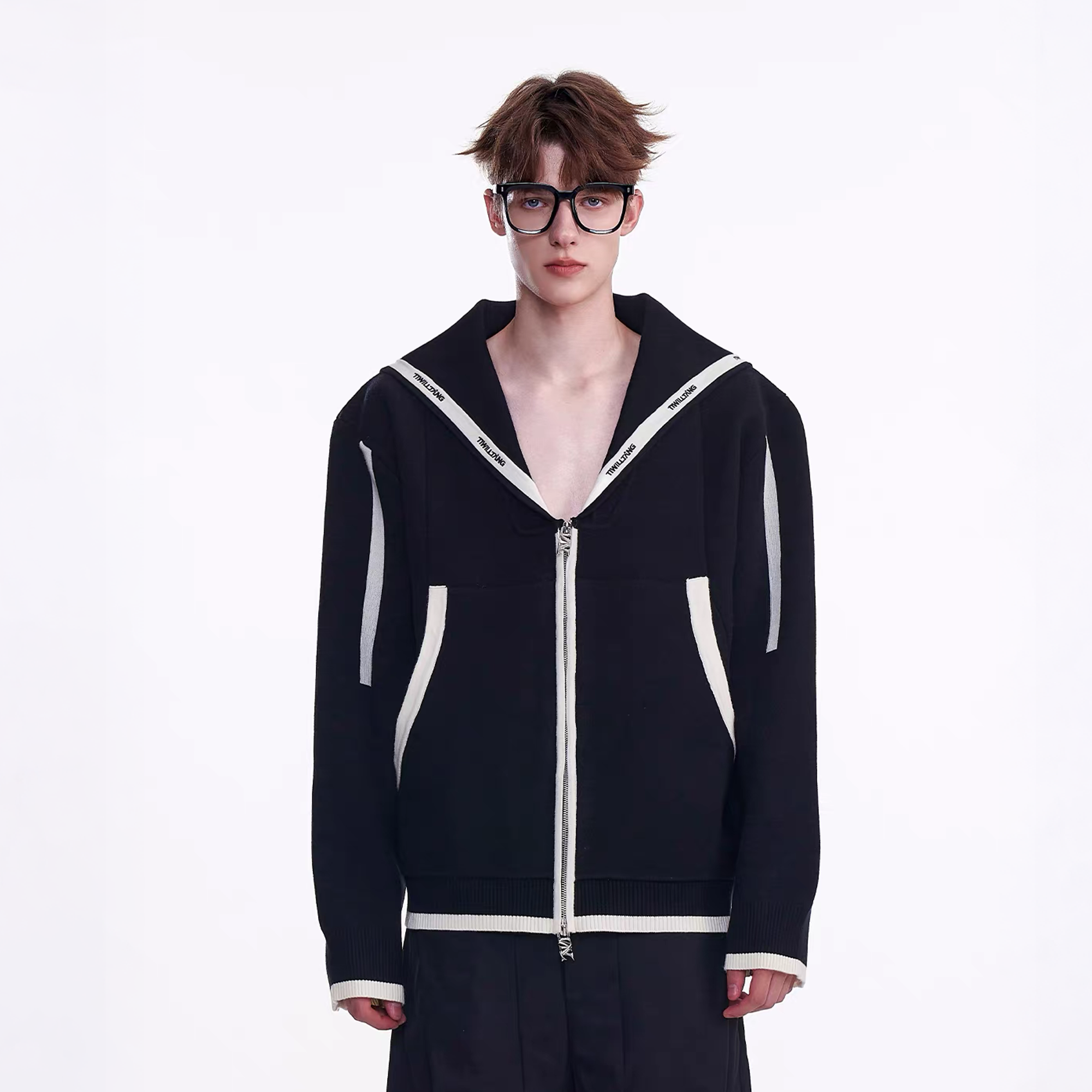 TIWILLTANG Contrast-Trim Sailor-Collar Jacket