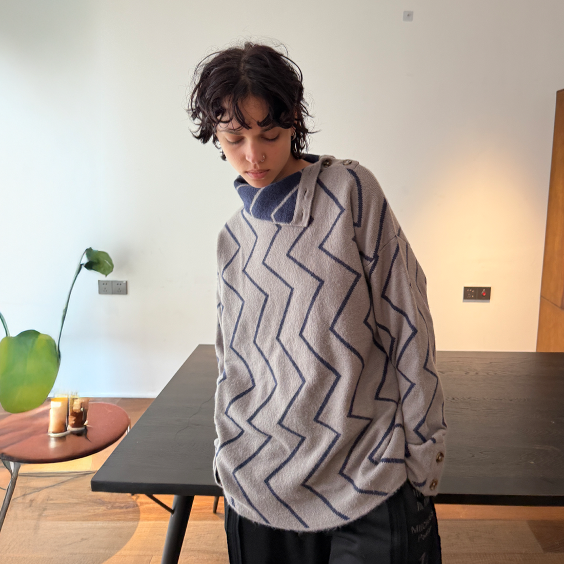 MIICHOUS Geometric Ripple Jacquard Asym High-Neck Sweater-Sweater-S-Light Gray-Free Shipping Leatheretro