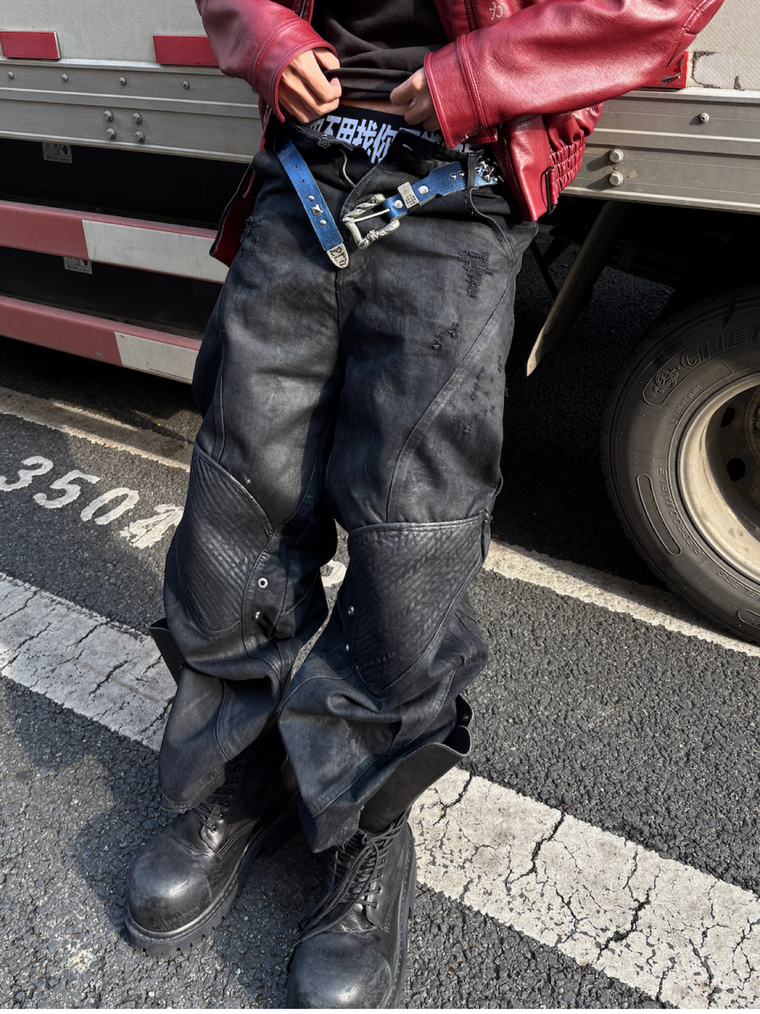 TH4SWE x GOJOYJINNI Washed Waxed Armor Moto Jeans-Jeans-S-Free Shipping Leatheretro