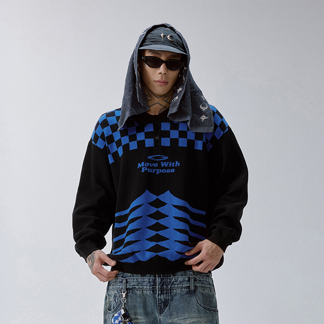 F2CE Slogan Contrast Checkerboard Jacquard Knit Polo-Sweater-S-Free Shipping Leatheretro