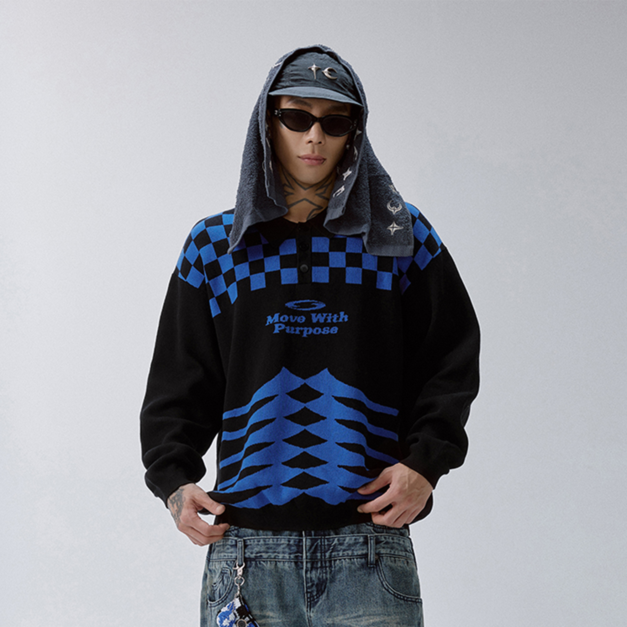 F2CE Slogan Contrast Checkerboard Jacquard Knit Polo-Sweater-S-Free Shipping Leatheretro