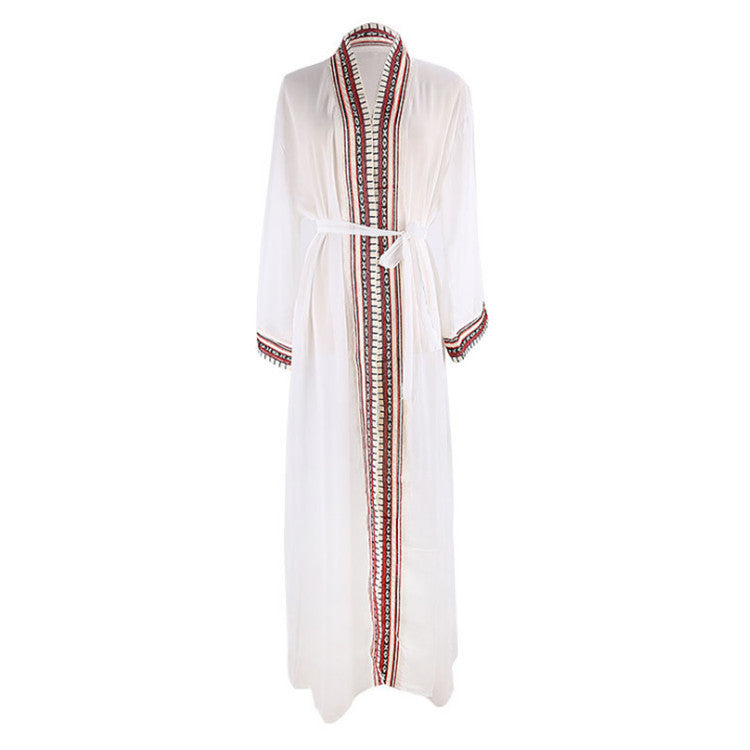 Chiffon Bohemian Embroidery Holiday Beachwear Cover Ups-White-One Size-Free Shipping Leatheretro