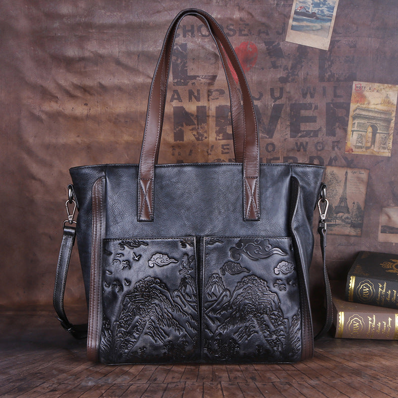 Vintage Vegetable-Tanned Handmade Satchel, Embossed Shoulder Bag for Women-handbags-Gray-Free Shipping Leatheretro