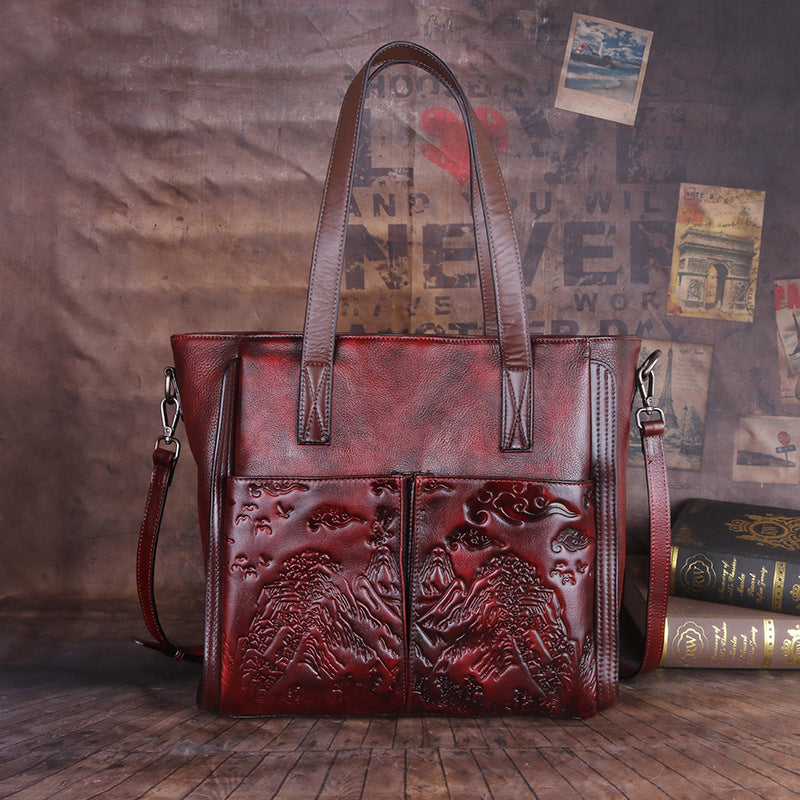 Vintage Vegetable-Tanned Handmade Satchel, Embossed Shoulder Bag for Women-handbags-Red-Free Shipping Leatheretro