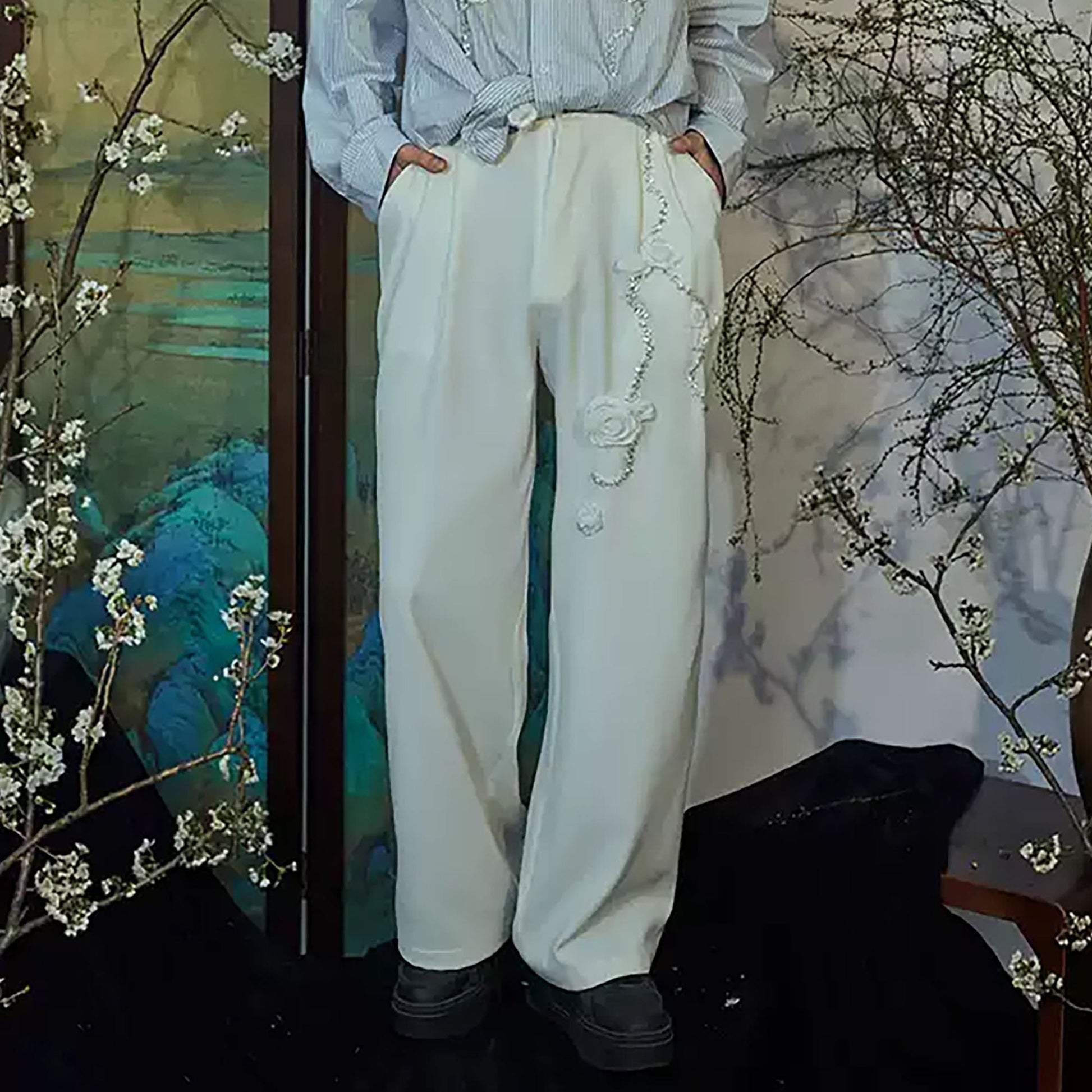 JIECHI Vine Rose Embroidered Trousers-Pants-M-Free Shipping Leatheretro