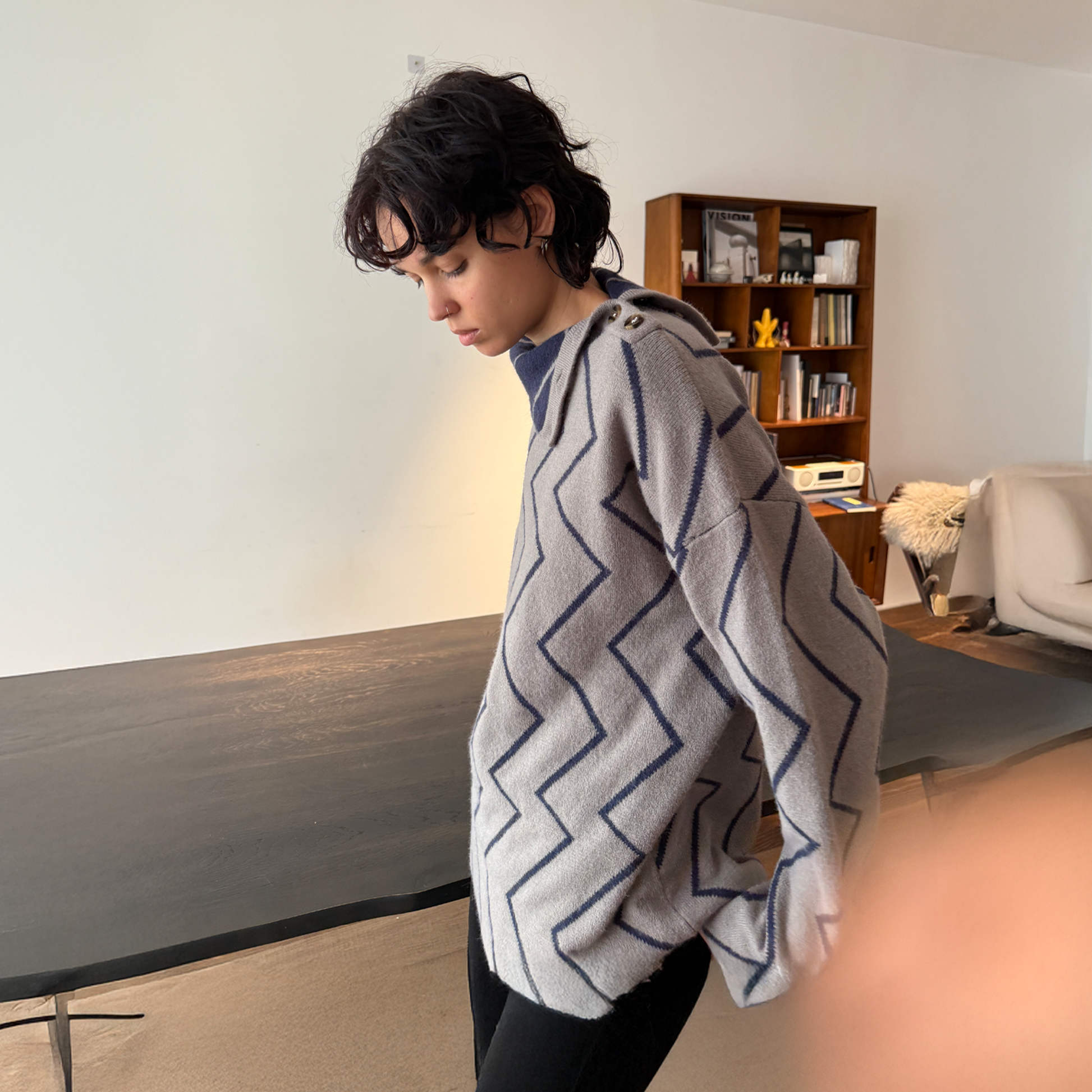 MIICHOUS Geometric Ripple Jacquard Asym High-Neck Sweater-Sweater-S-Light Gray-Free Shipping Leatheretro