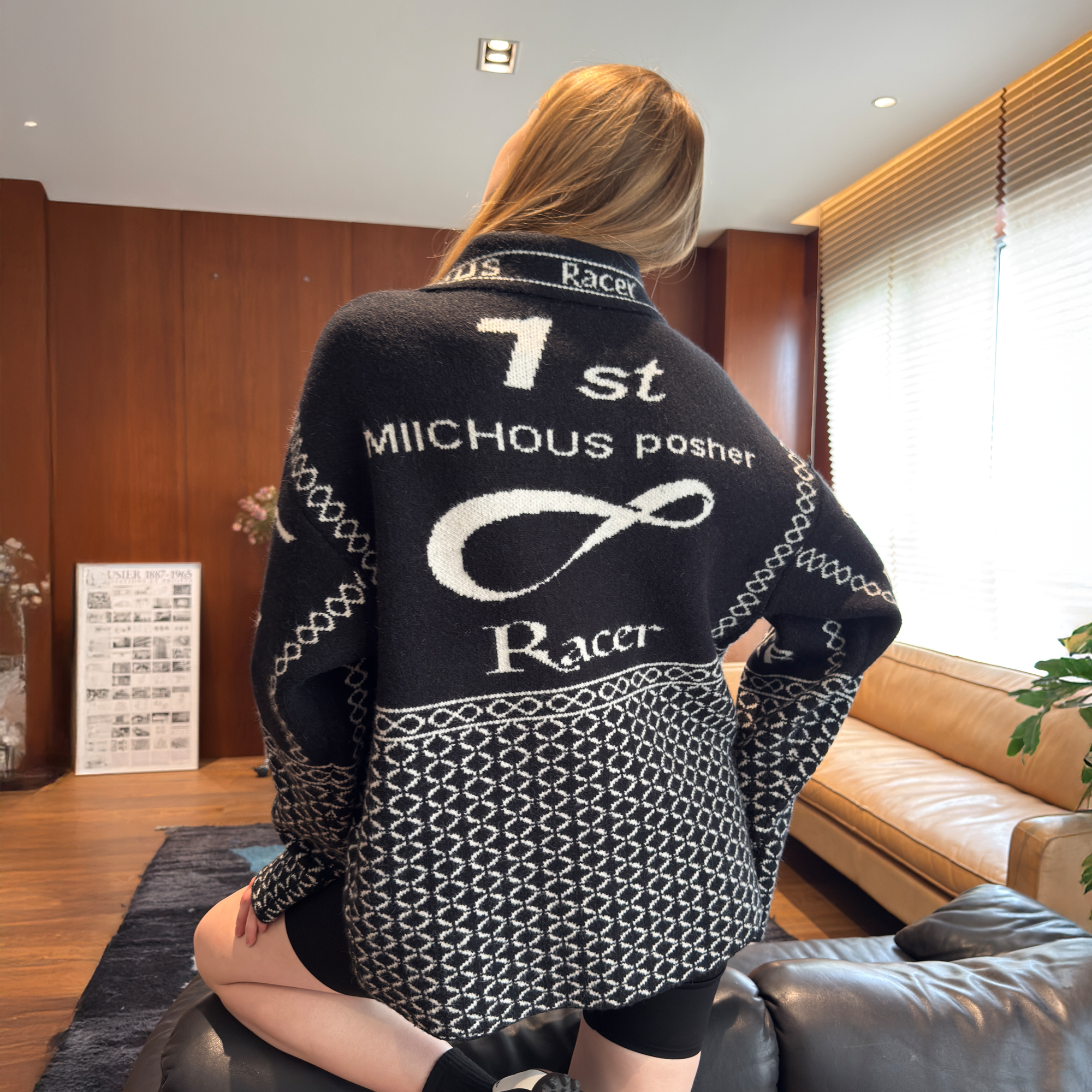 MIICHOUS Racer Geometric Jacquard Zip-Up Cardigan-Sweater-S-Light Gray-Free Shipping Leatheretro