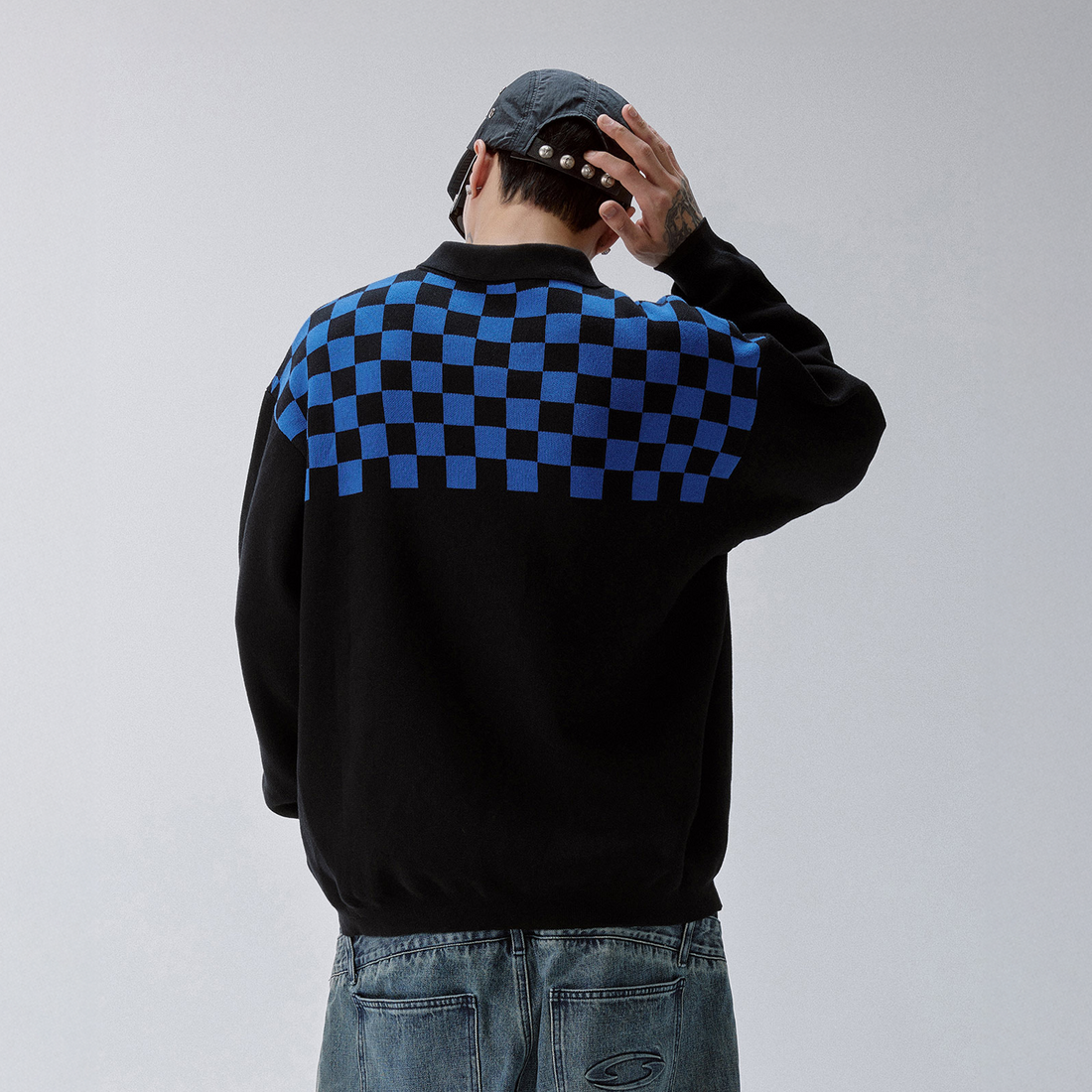 F2CE Slogan Contrast Checkerboard Jacquard Knit Polo-Sweater-S-Free Shipping Leatheretro