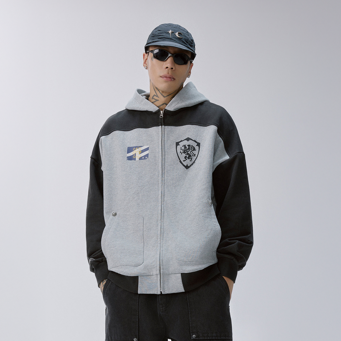 F2CE Contrast Panel Badge Graphic Hooded Jacket-Jacket-S-Free Shipping Leatheretro