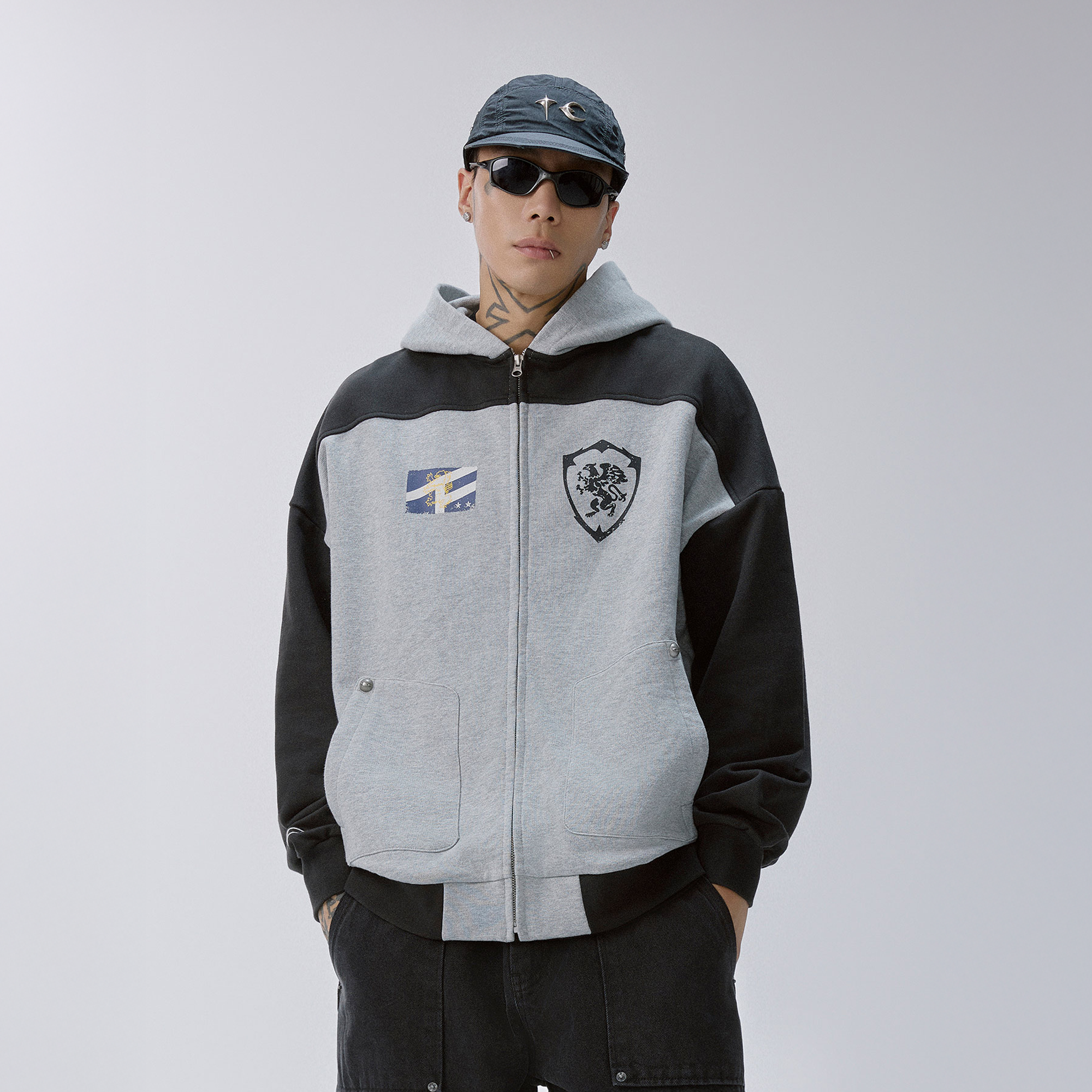 F2CE Contrast Panel Badge Graphic Hooded Jacket-Jacket-S-Free Shipping Leatheretro