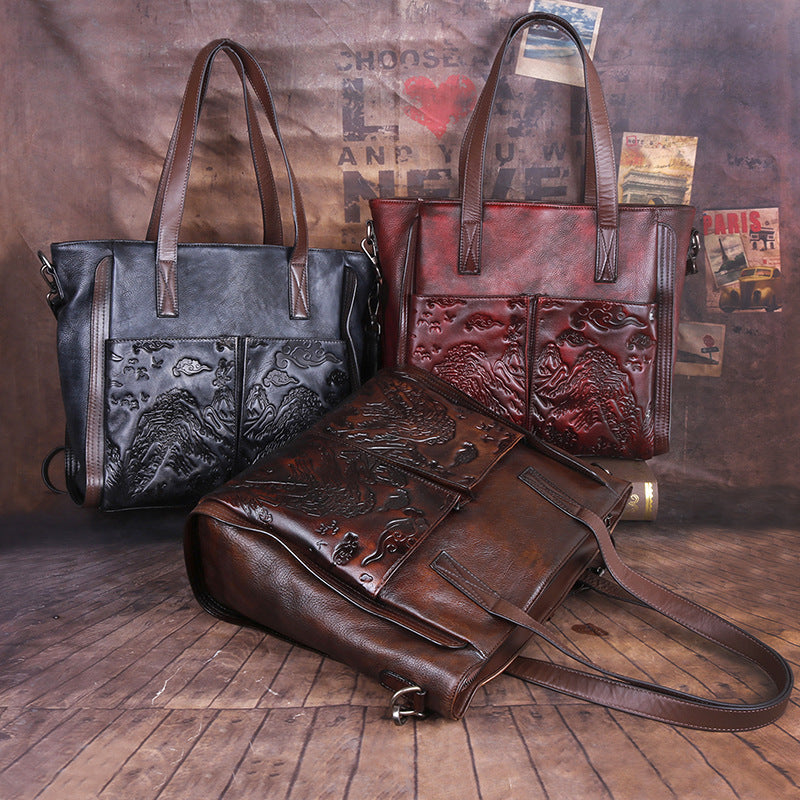 Vintage Vegetable-Tanned Handmade Satchel, Embossed Shoulder Bag for Women-handbags-Gray-Free Shipping Leatheretro
