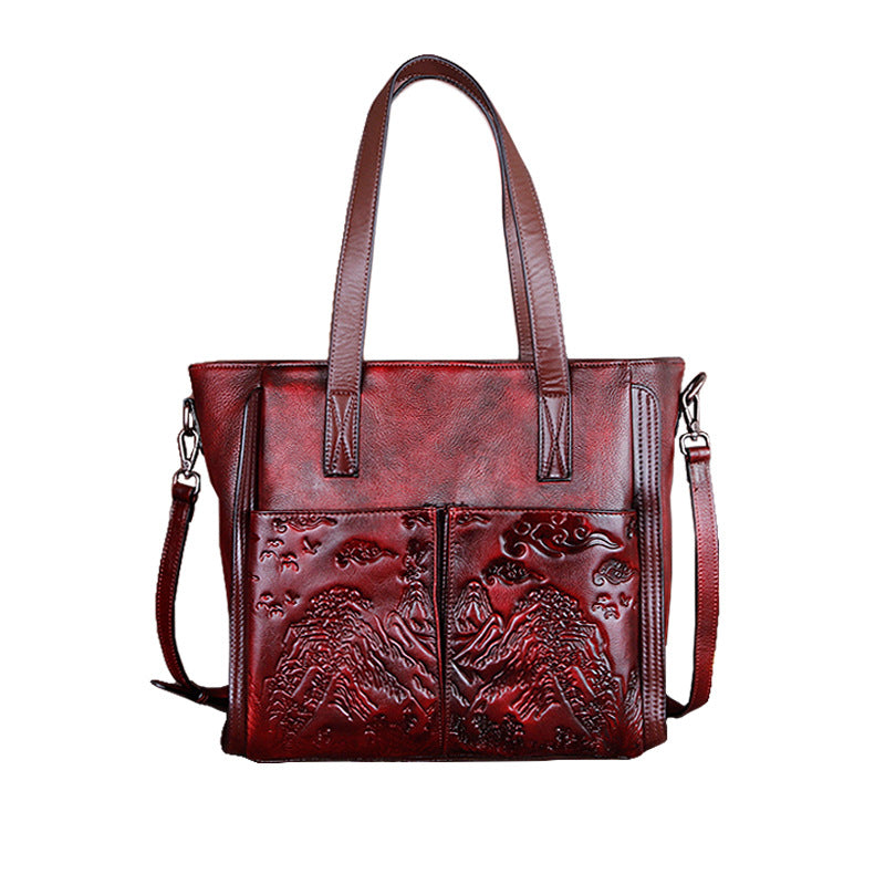 Vintage Vegetable-Tanned Handmade Satchel, Embossed Shoulder Bag for Women-handbags-Gray-Free Shipping Leatheretro