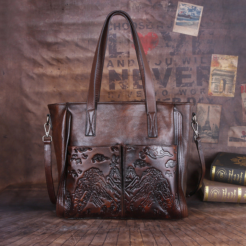 Vintage Vegetable-Tanned Handmade Satchel, Embossed Shoulder Bag for Women-handbags-Brown-Free Shipping Leatheretro