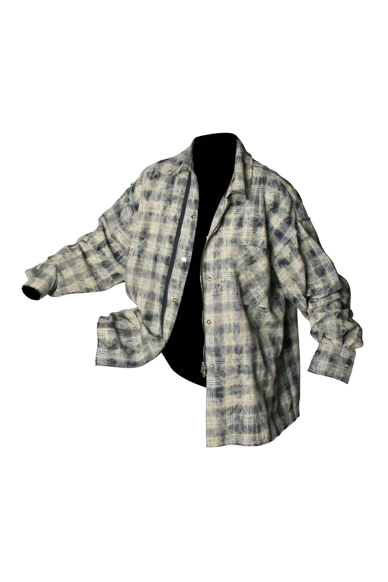 RELABEL Tie-dye Plaid Dual Closure Frayed Shirt-Shirt-XS-Blue-Free Shipping Leatheretro