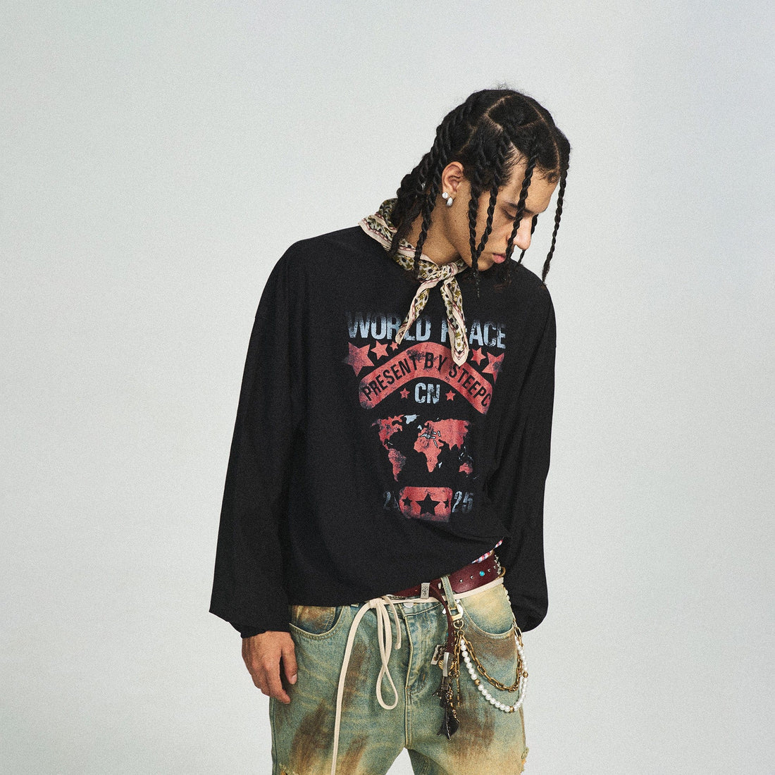 STEEPC Retro World Peace Frayed Long-Sleeve Tee-L/S Tee-S-Free Shipping Leatheretro