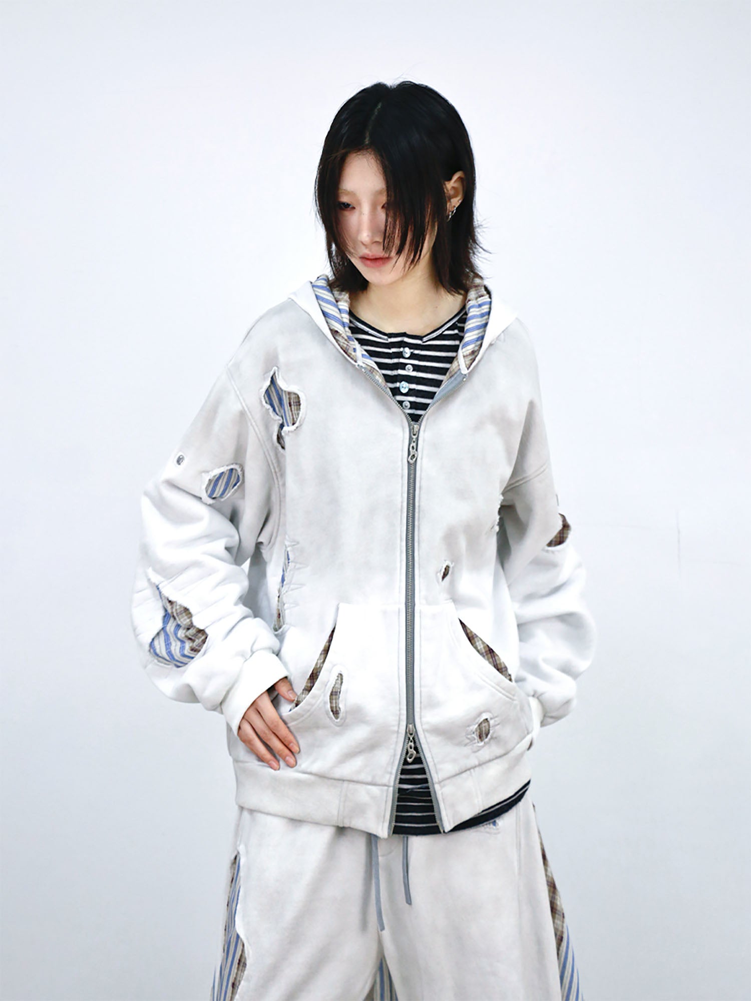 RELABEL Distressed Plaid Cut-Out Layered Hooded Jacket-Jacket-XS (Preorder)-Free Shipping Leatheretro