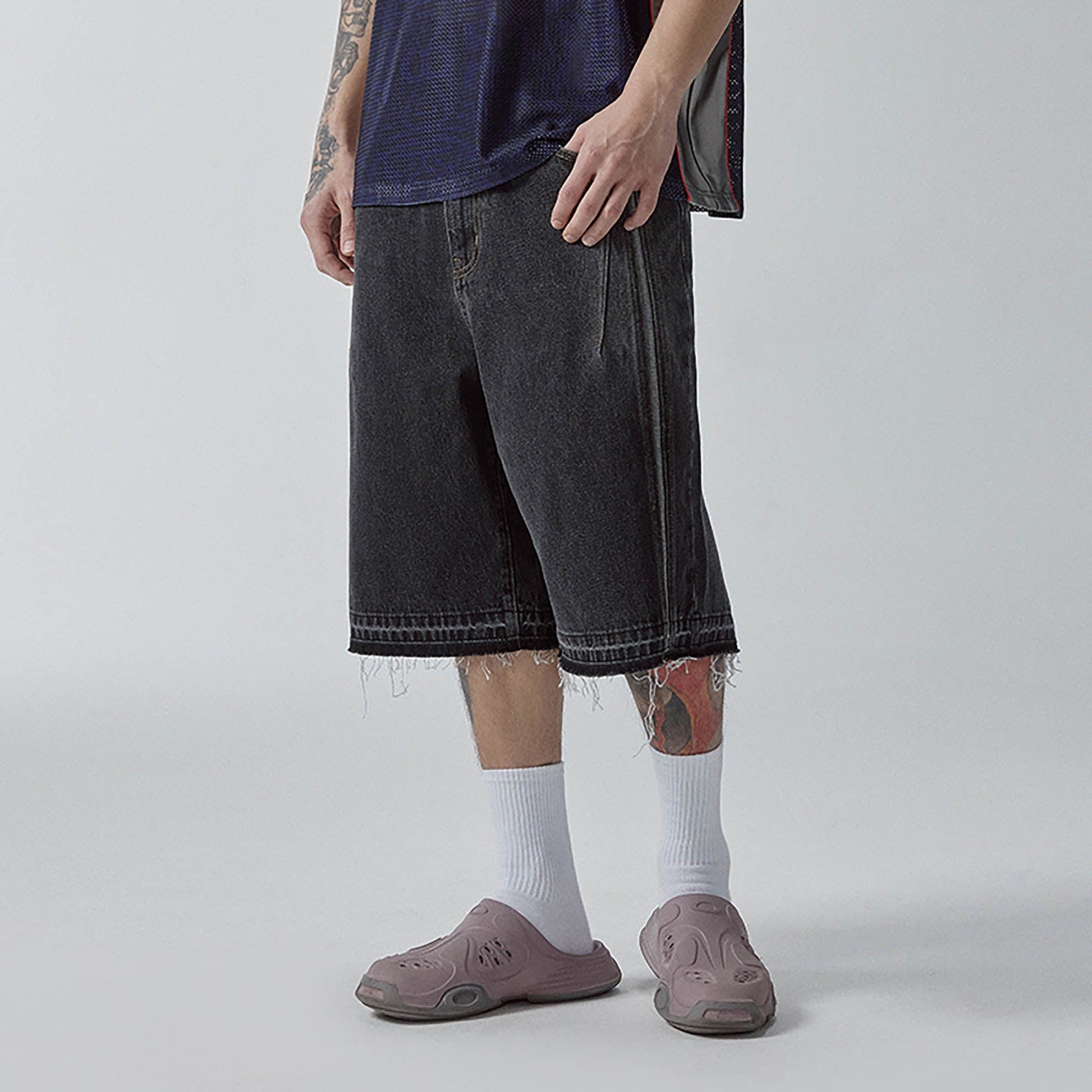 F2CE Raw-Hem Raised Seam Washed Denim Shorts-Shorts-S-Free Shipping Leatheretro