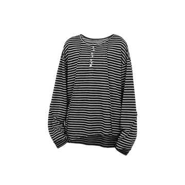 RELABEL Striped Pleated Henley Long-Sleeve Tee-L/S Tee-XS-Free Shipping Leatheretro